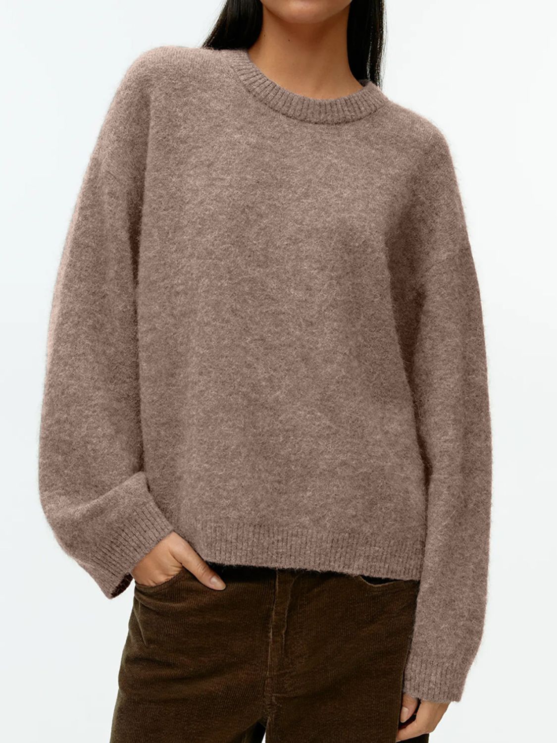 Round Neck Drop Shoulder Sweater-TOPS / DRESSES-[Adult]-[Female]-Taupe-One Size-2022 Online Blue Zone Planet