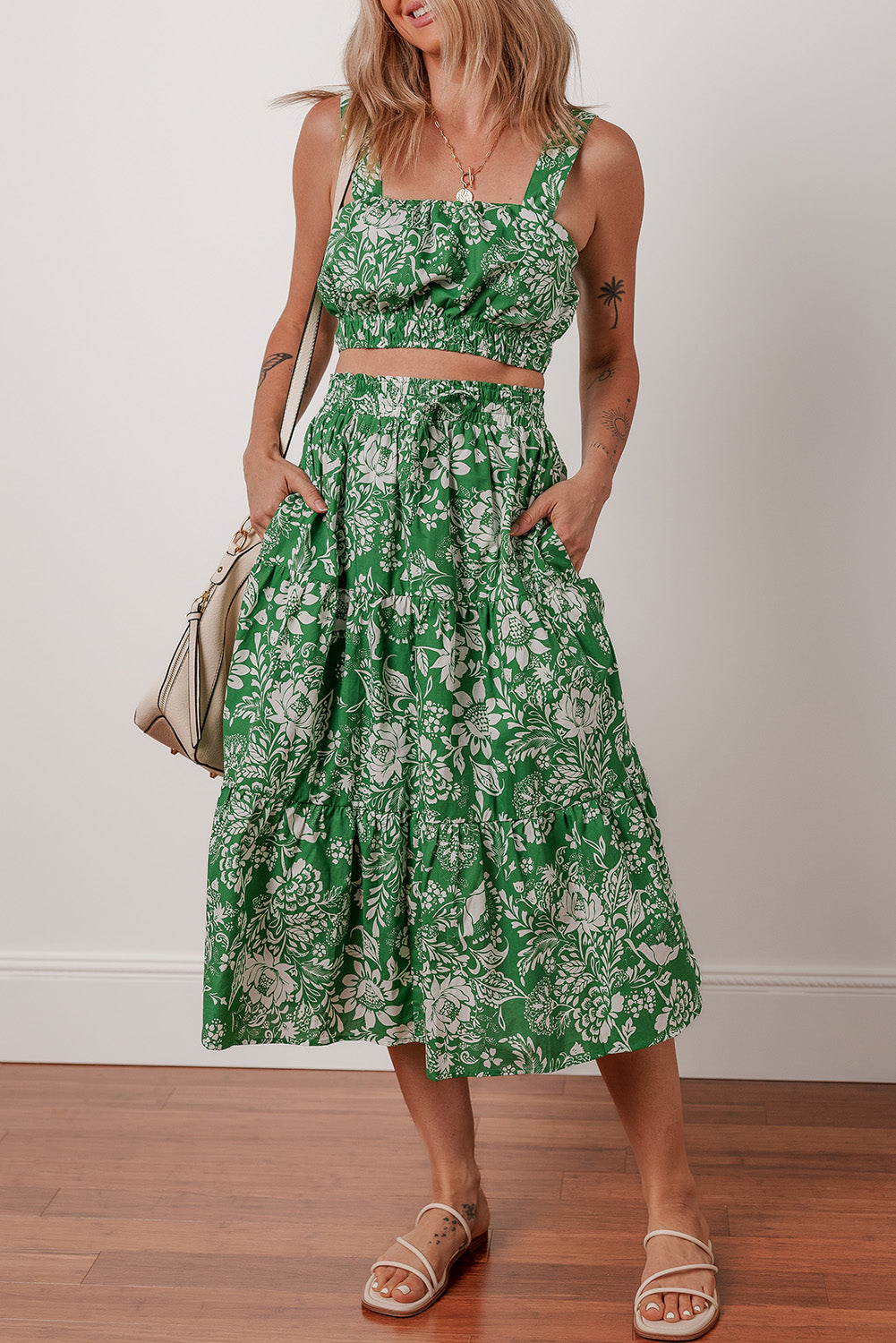 Green Floral Print Shirred Crop Top and High Waist Midi Skirt Set-Two Piece Sets/Two Piece Dresses-[Adult]-[Female]-2022 Online Blue Zone Planet