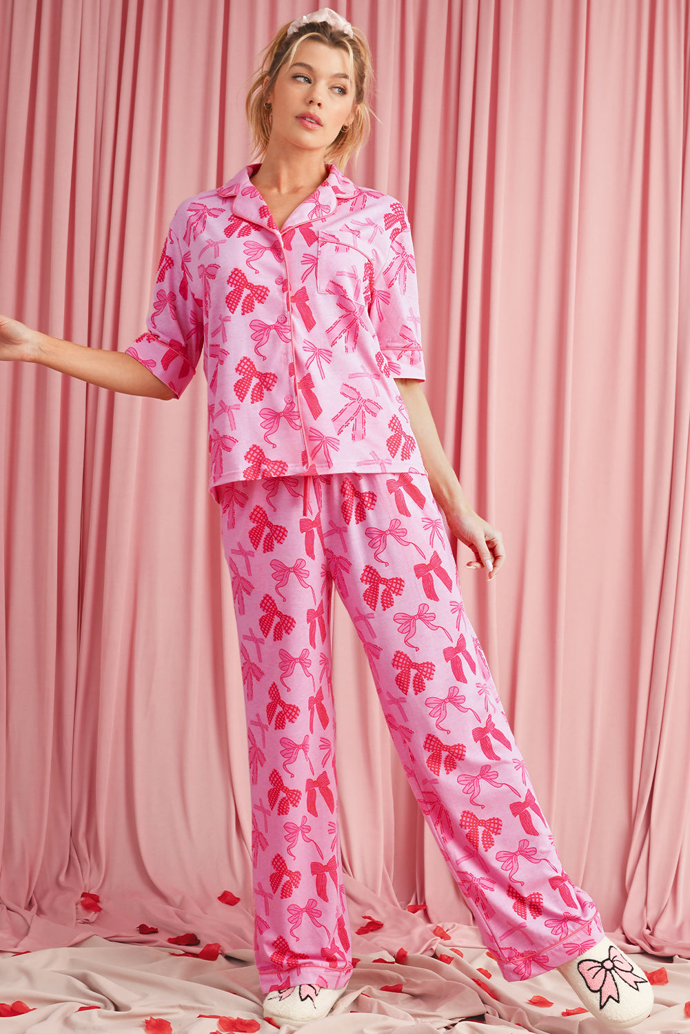 Blue Zone Planet | Pink Bow Knot Print Lapel Collar Short Sleeve and Pants Pajamas Set-Loungewear Set-[Adult]-[Female]-2022 Online Blue Zone Planet