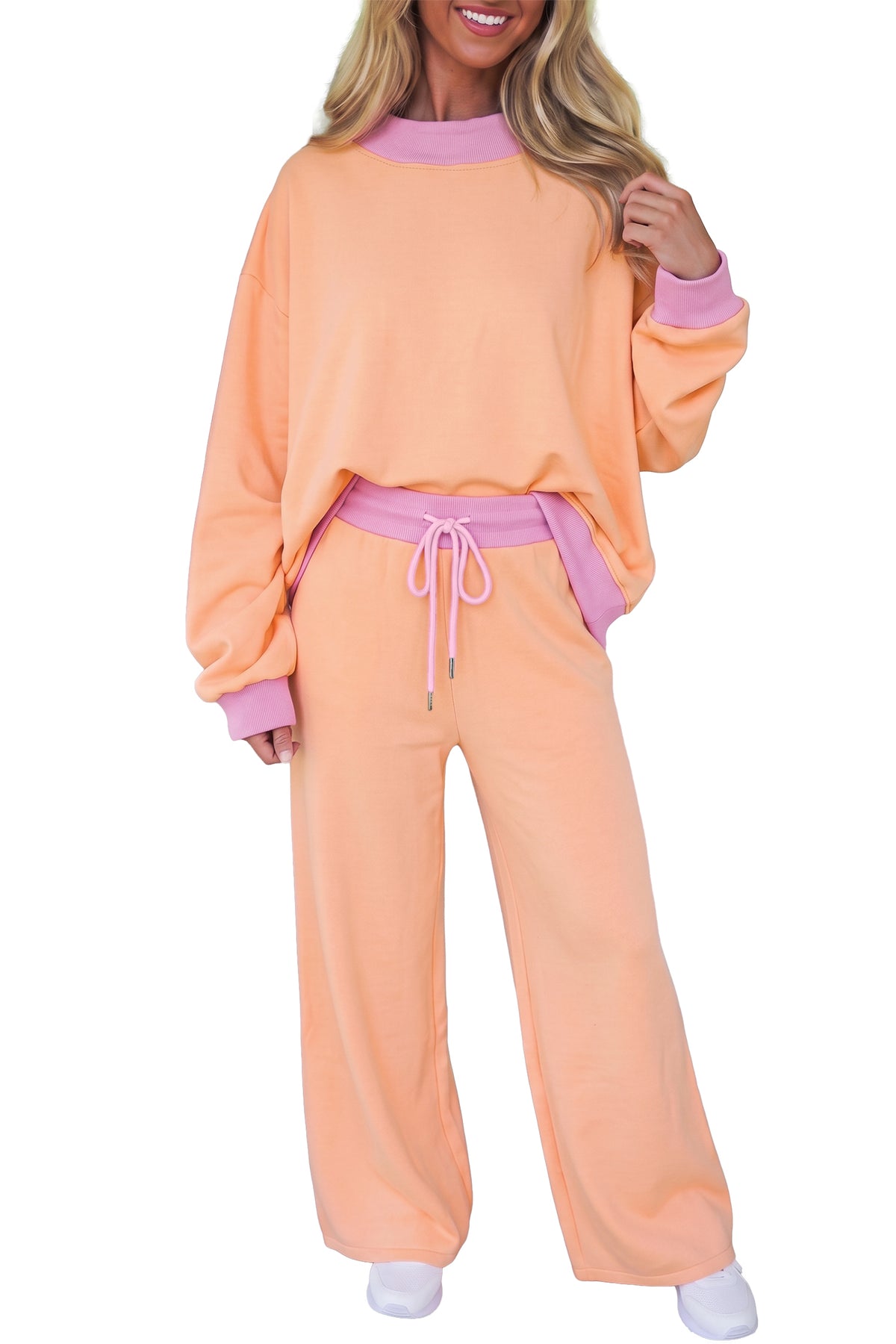 Light Pink Color Block Trim Long Sleeve Pullover Drawstring Shift Pants Set-Two Piece Sets/Pant Sets-[Adult]-[Female]-2022 Online Blue Zone Planet
