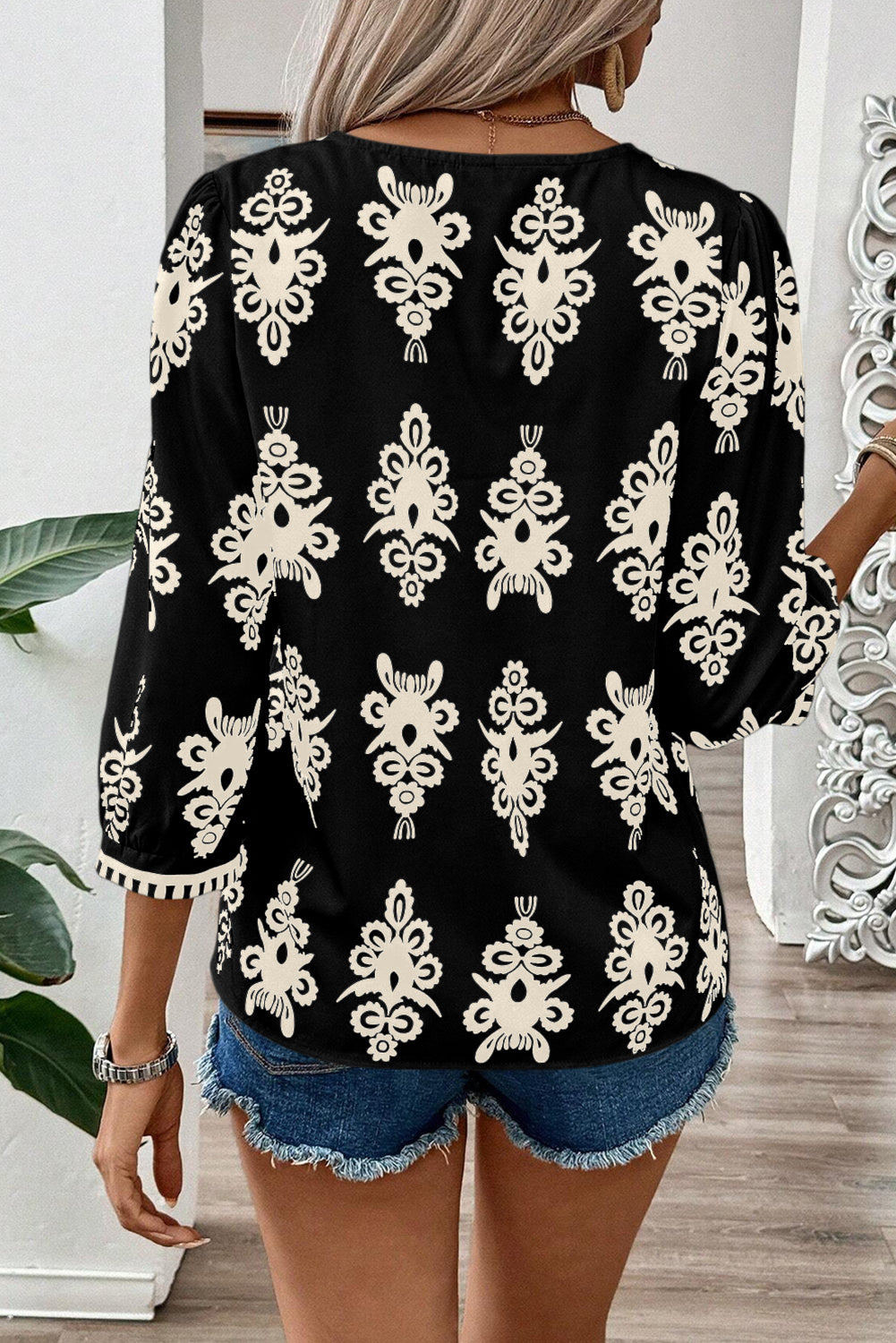 Black Vintage Geometric Printed 3/4 Sleeve V Neck Blouse-Tops/Blouses & Shirts-[Adult]-[Female]-2022 Online Blue Zone Planet