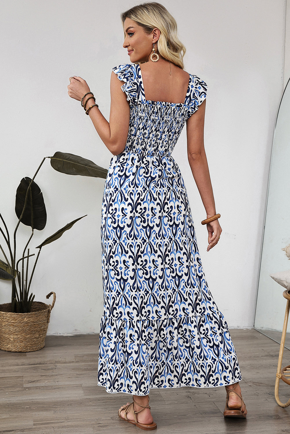 Sky Blue Boho Print Smocked High Waist Maxi Dress-Dresses/Maxi Dresses-[Adult]-[Female]-2022 Online Blue Zone Planet