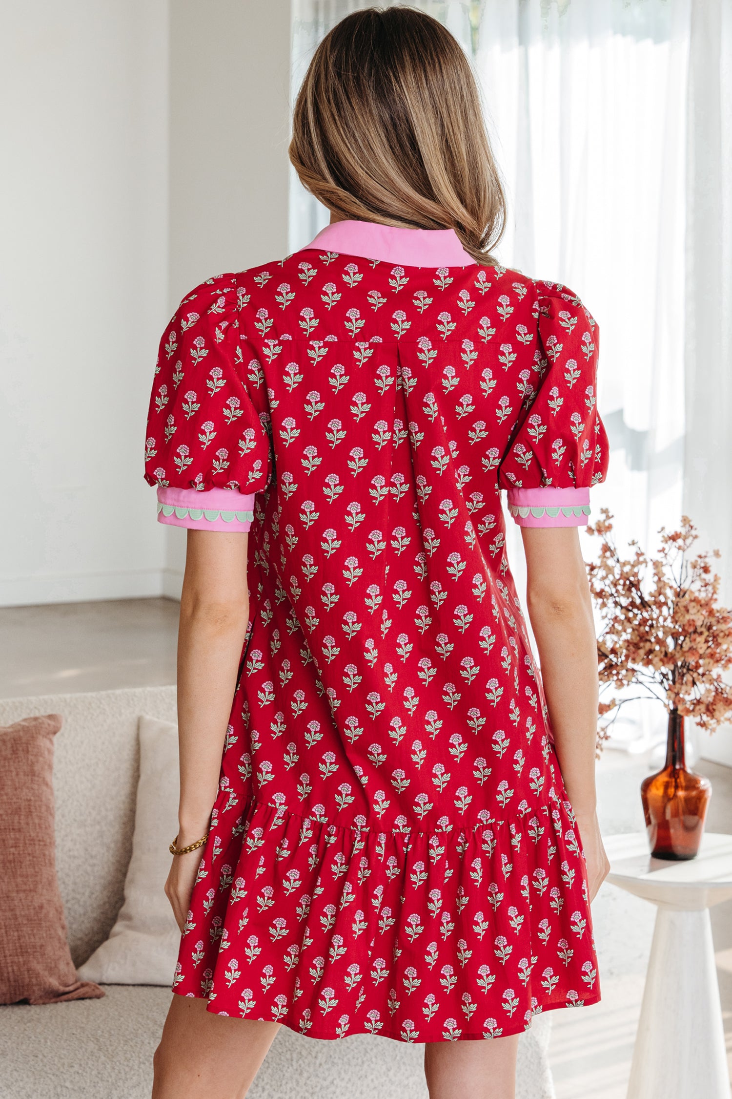Red Floral Print Contrasted V Neck Short Bubble Sleeve Mini Dress-TOPS / DRESSES-[Adult]-[Female]-2022 Online Blue Zone Planet