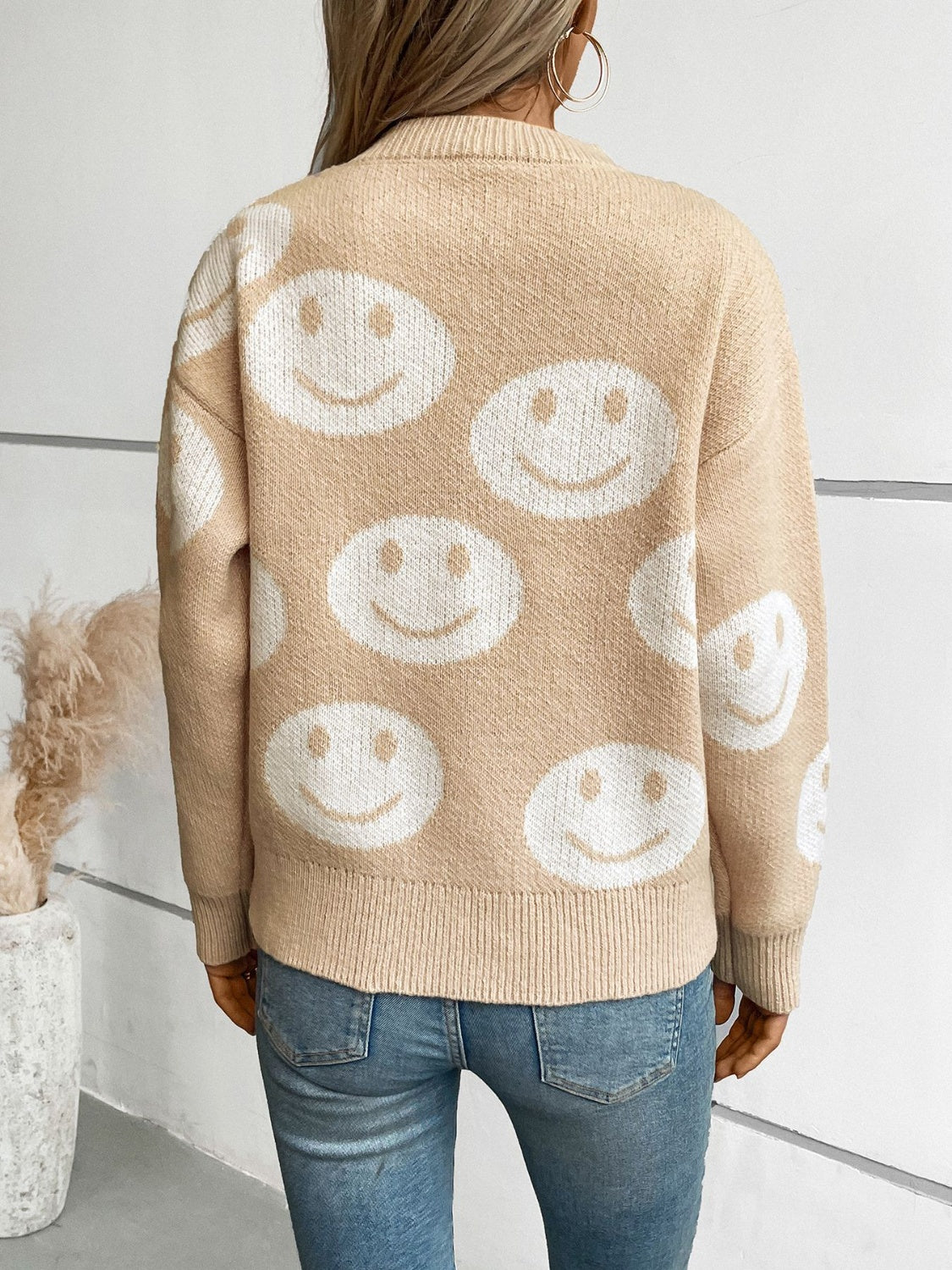 Smile Pattern Round Neck Long Sleeve Sweater-TOPS / DRESSES-[Adult]-[Female]-2022 Online Blue Zone Planet