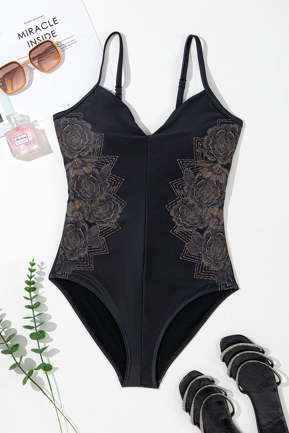 Blue Zone Planet |  Black Petal Print Crisscross Back Spaghetti Straps Swimsuit Blue Zone Planet