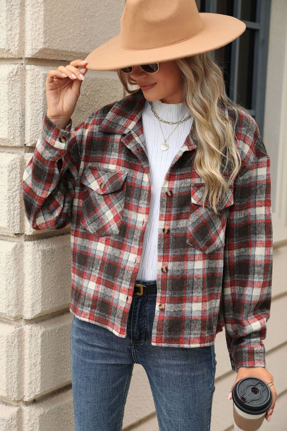 Pocketed Plaid Collared Neck Dropped Shoulder Jacket-TOPS / DRESSES-[Adult]-[Female]-Burgundy-S-2022 Online Blue Zone Planet