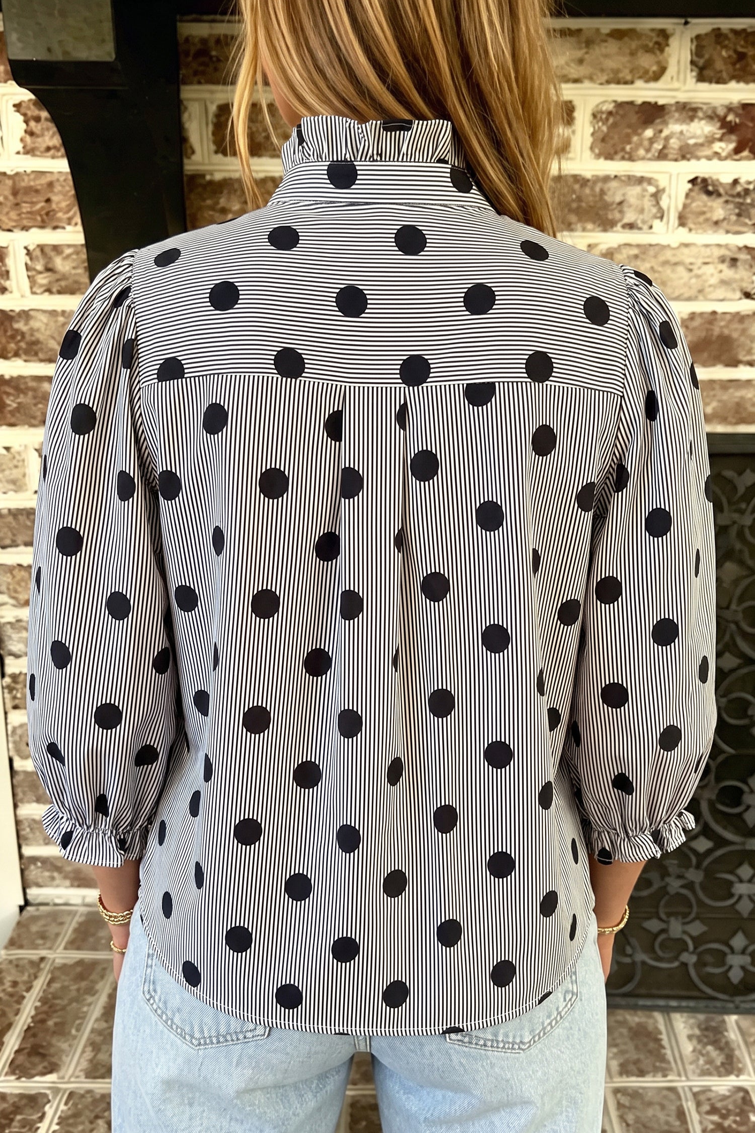 Black white Polka Dot Striped Print Ruffle Stand Neck 3/4 Sleeve Shift Shirt-Tops/Blouses & Shirts-[Adult]-[Female]-2022 Online Blue Zone Planet