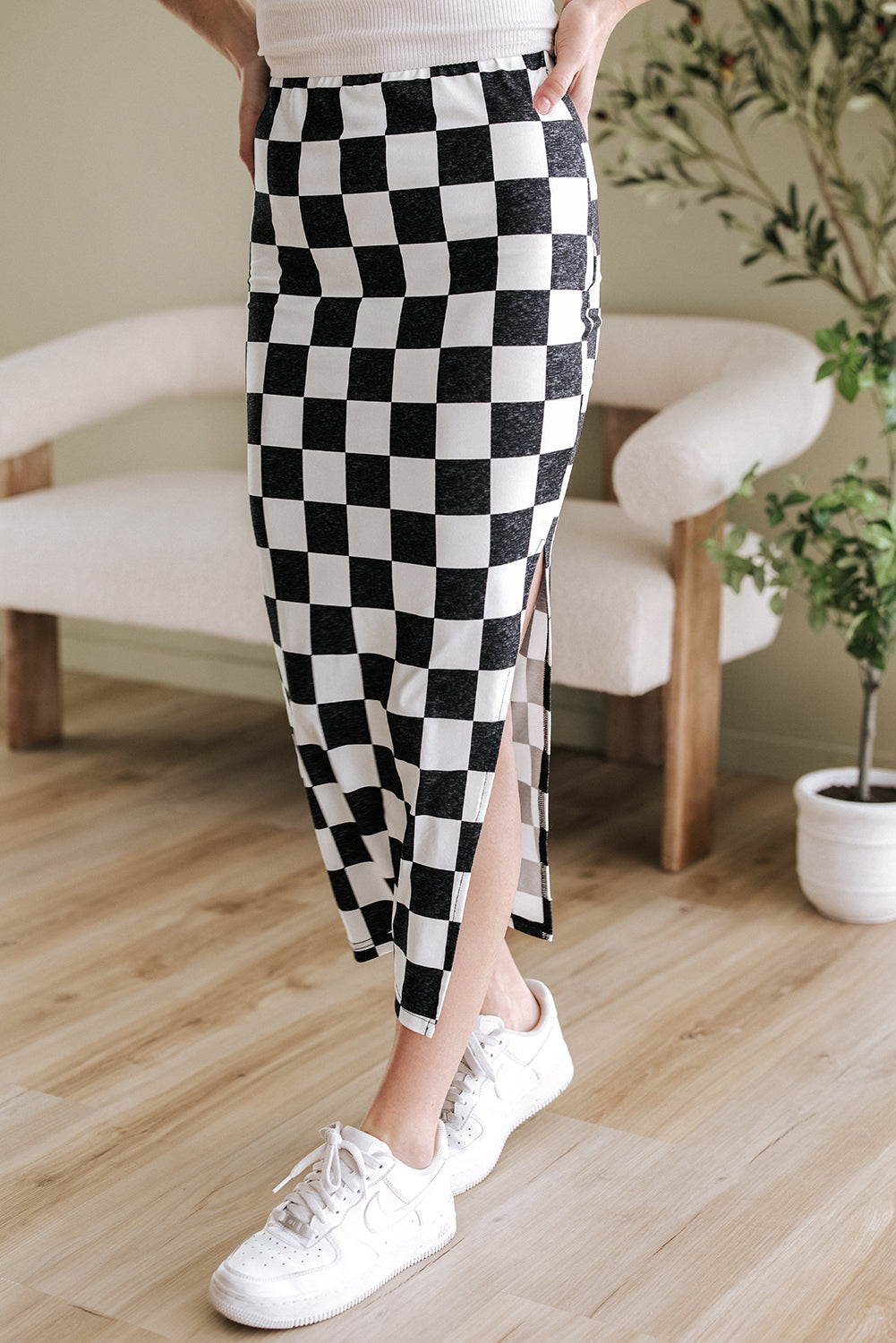 Blue Zone Planet | White Checkered Print Side Slit High Waist Midi Skirt-Bottoms/Skirts & Petticoat-[Adult]-[Female]-2022 Online Blue Zone Planet