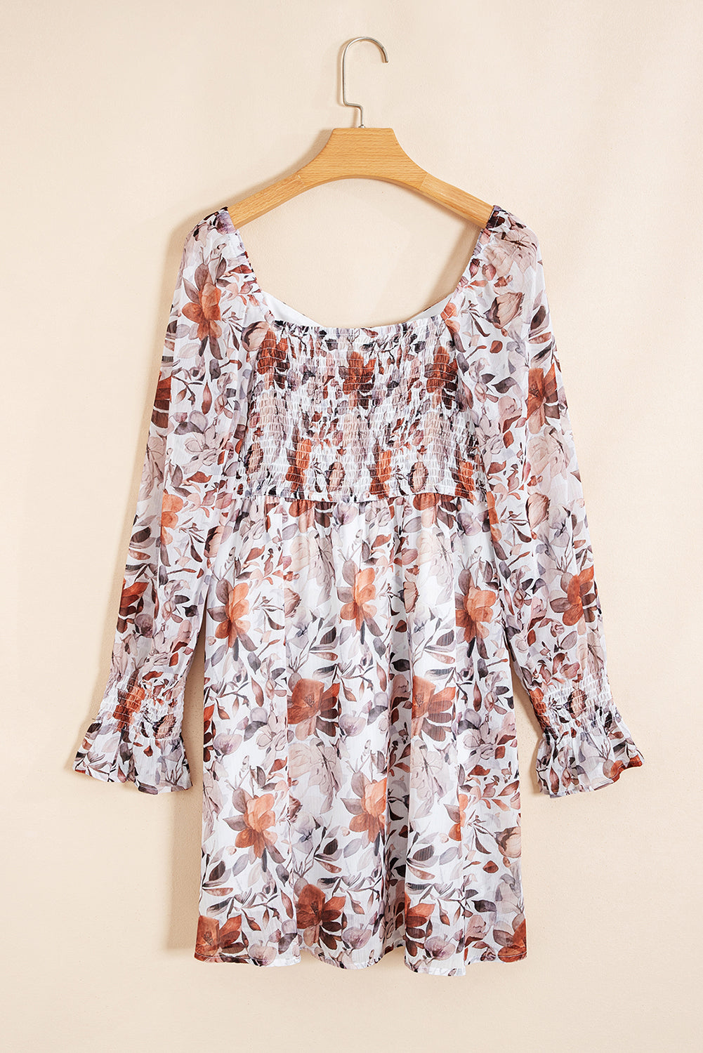 White Floral Print Sweetheart Neck Long Sleeve High Waist Mini Dress-TOPS / DRESSES-[Adult]-[Female]-2022 Online Blue Zone Planet