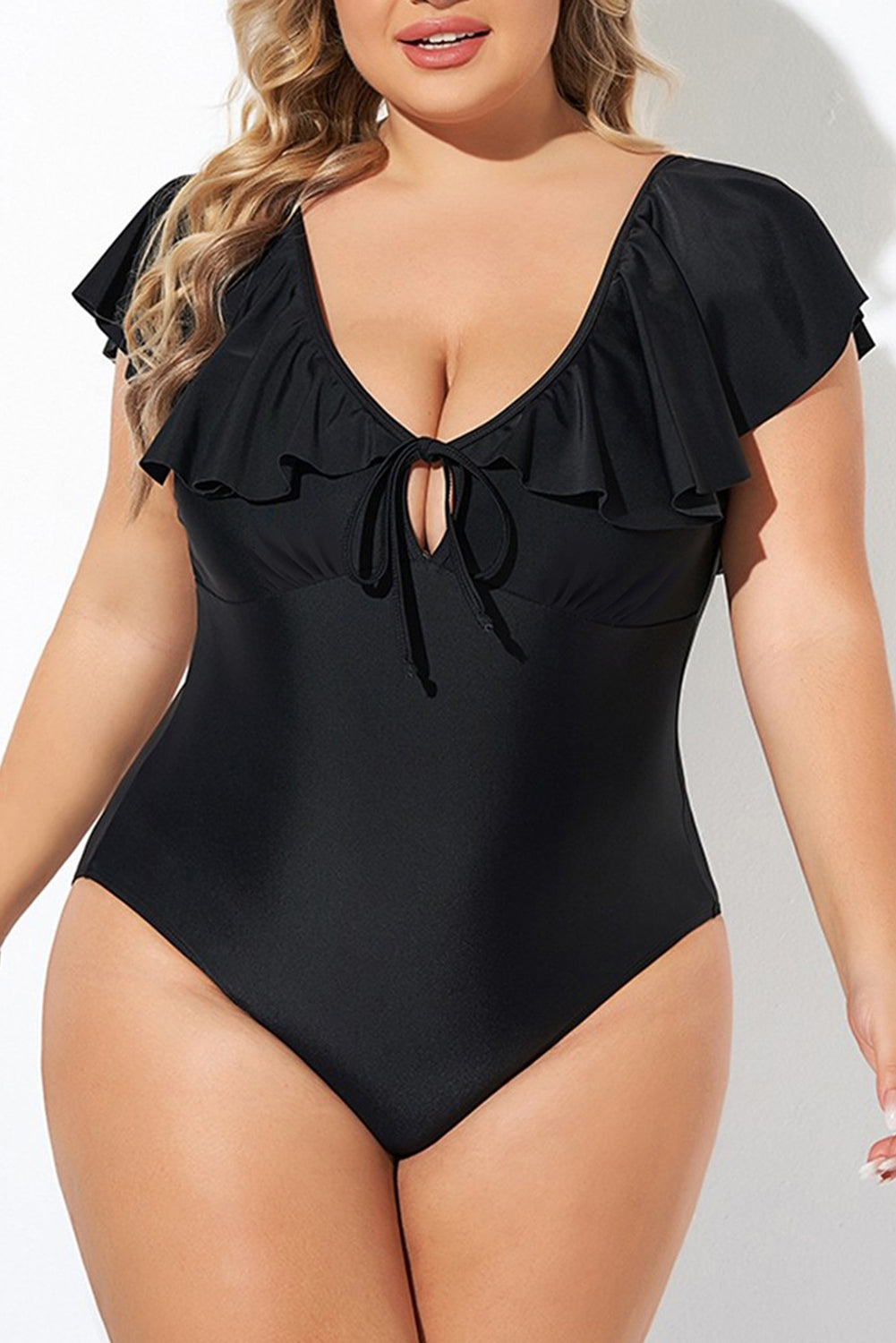 Black Ruffled Sleeve Lace-up V Neck Plus Size One Piece Swimsuit