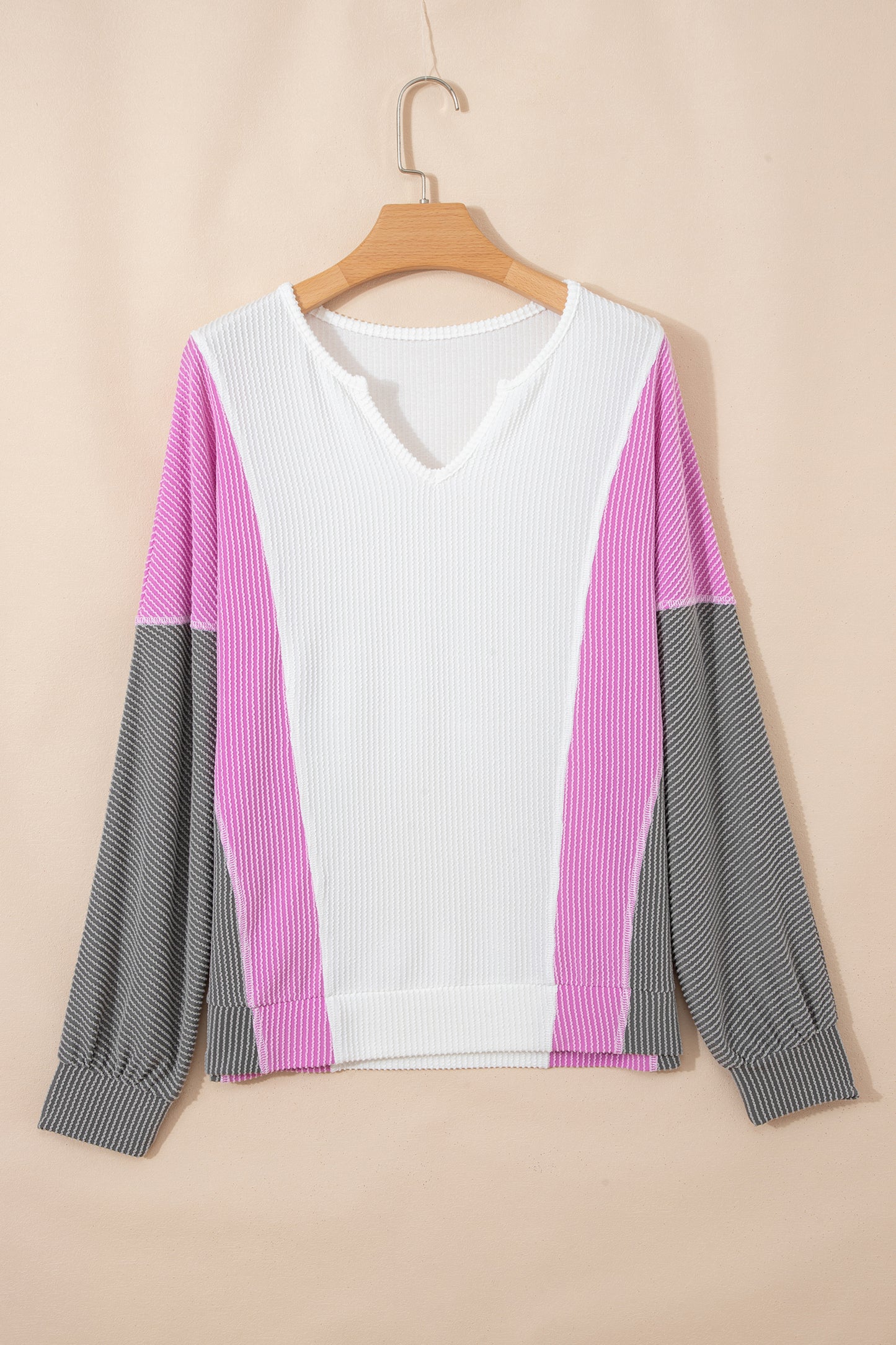 White Spiral Ribbed Raw Seam Color Block Patchwork Long Sleeve Top