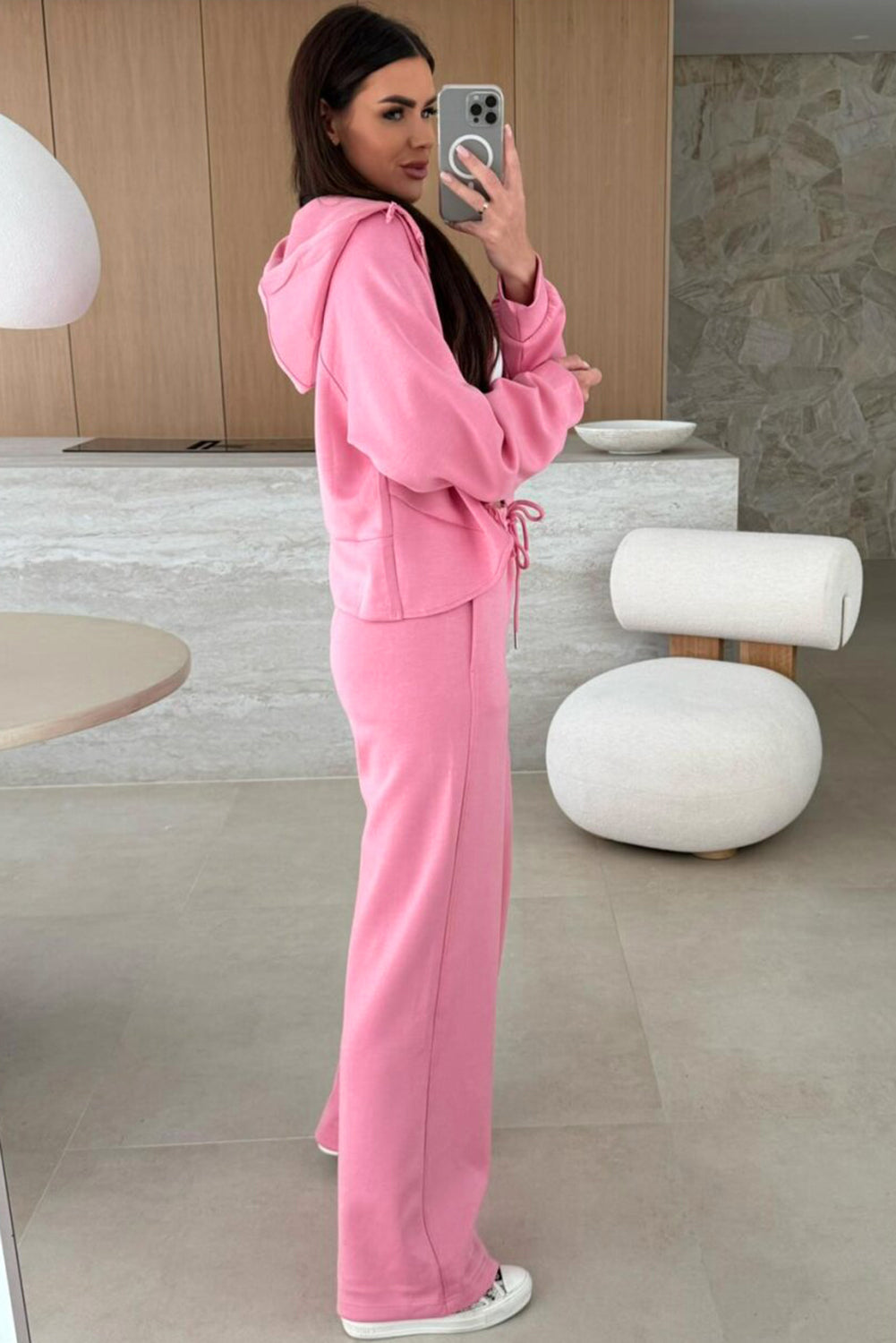 Pink Solid Color Zip Up Hoodie Drawstring Loose Pants Set-Tops / Dresses-[Adult]-[Female]-2022 Online Blue Zone Planet