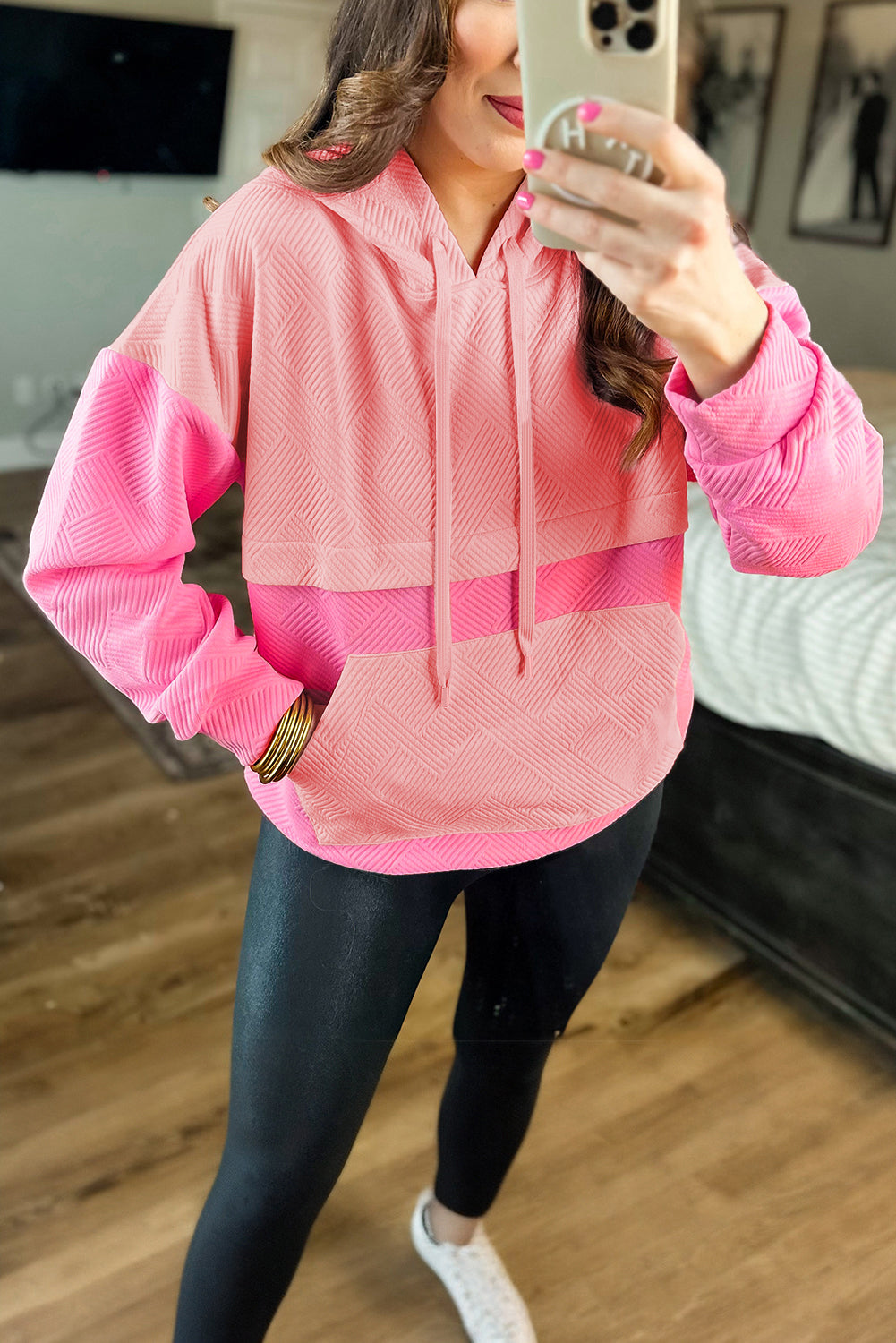 Gray Textured Color Block Kangaroo Pocket Drop Shoulder Hoodie-Tops/Sweatshirts & Hoodies-[Adult]-[Female]-2022 Online Blue Zone Planet