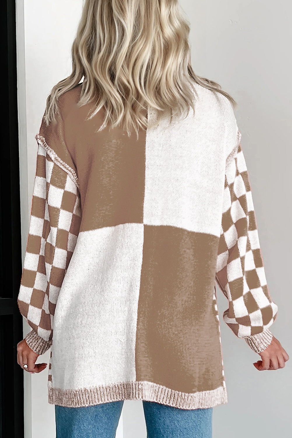 Brown Checkered Bubble Sleeve Drop Shoulder Open Cardigan-Plus Size/Plus Size Sweaters & Cardigans-[Adult]-[Female]-2022 Online Blue Zone Planet