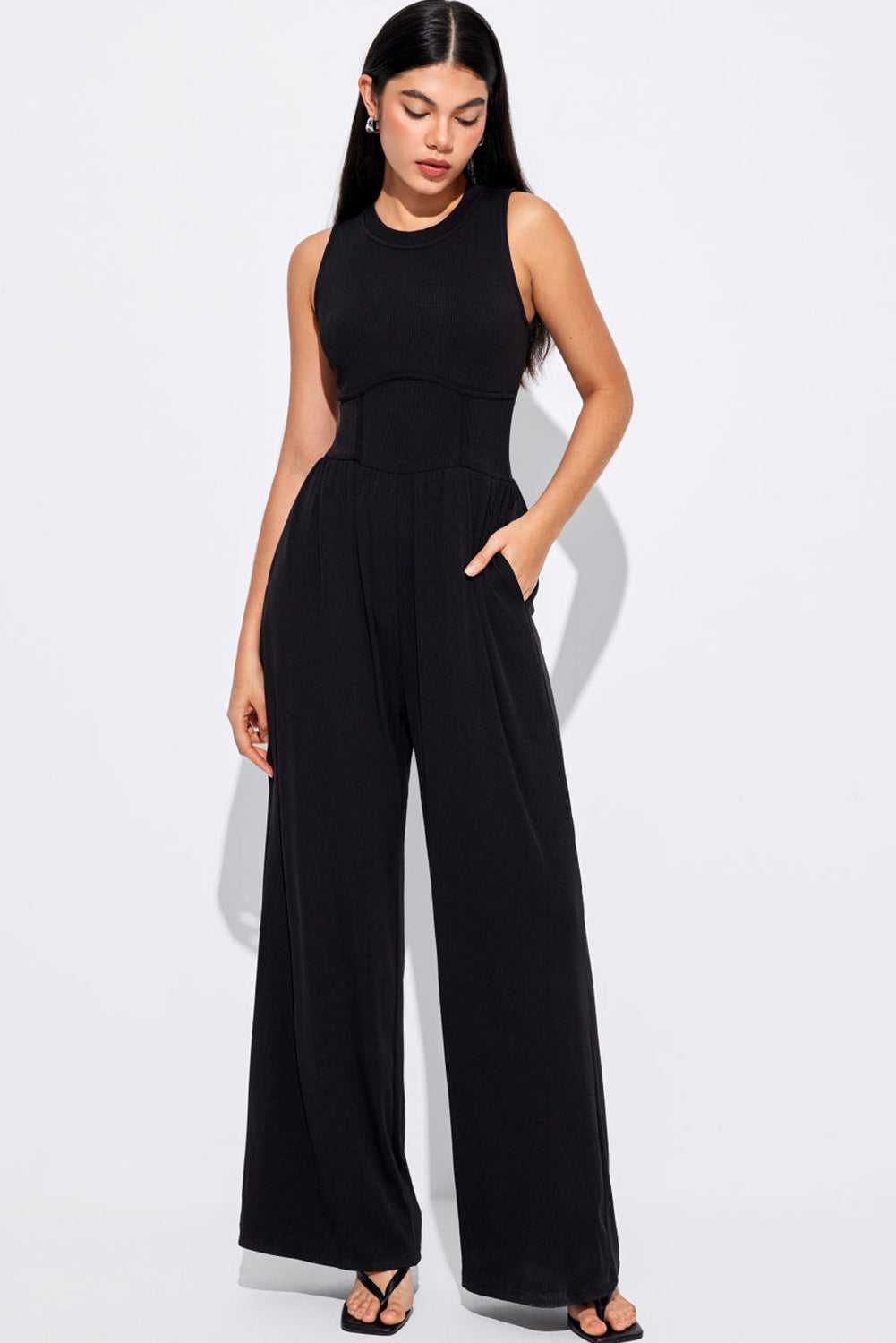 Black Cinched Waist Sleeveless Wide Leg Jumpsuit Blue Zone Planet