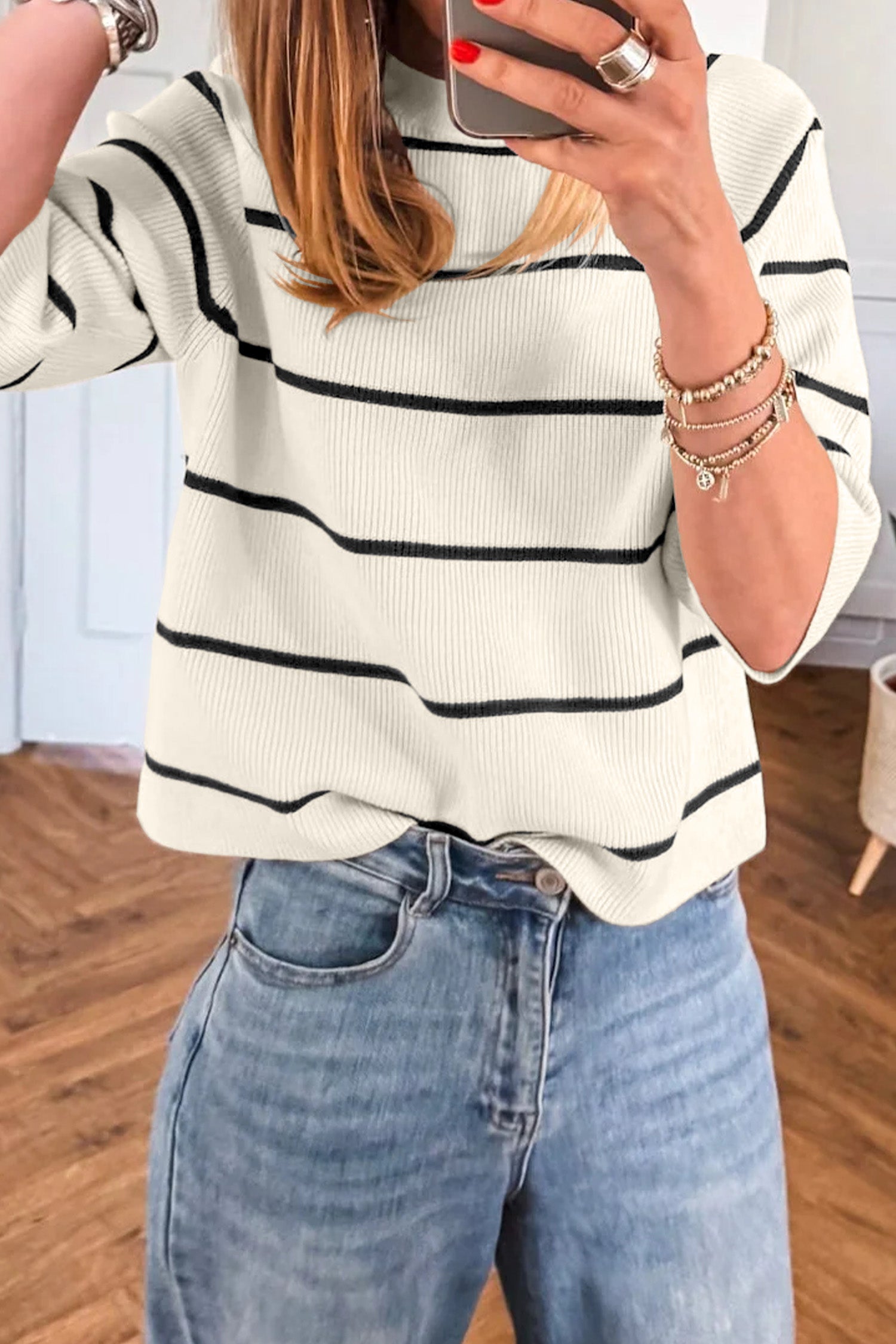 White Stripe Ribbed Knit Half Sleeve Loose Sweater Tee-Sweaters & Cardigans/Short Sleeve Sweaters-[Adult]-[Female]-2022 Online Blue Zone Planet