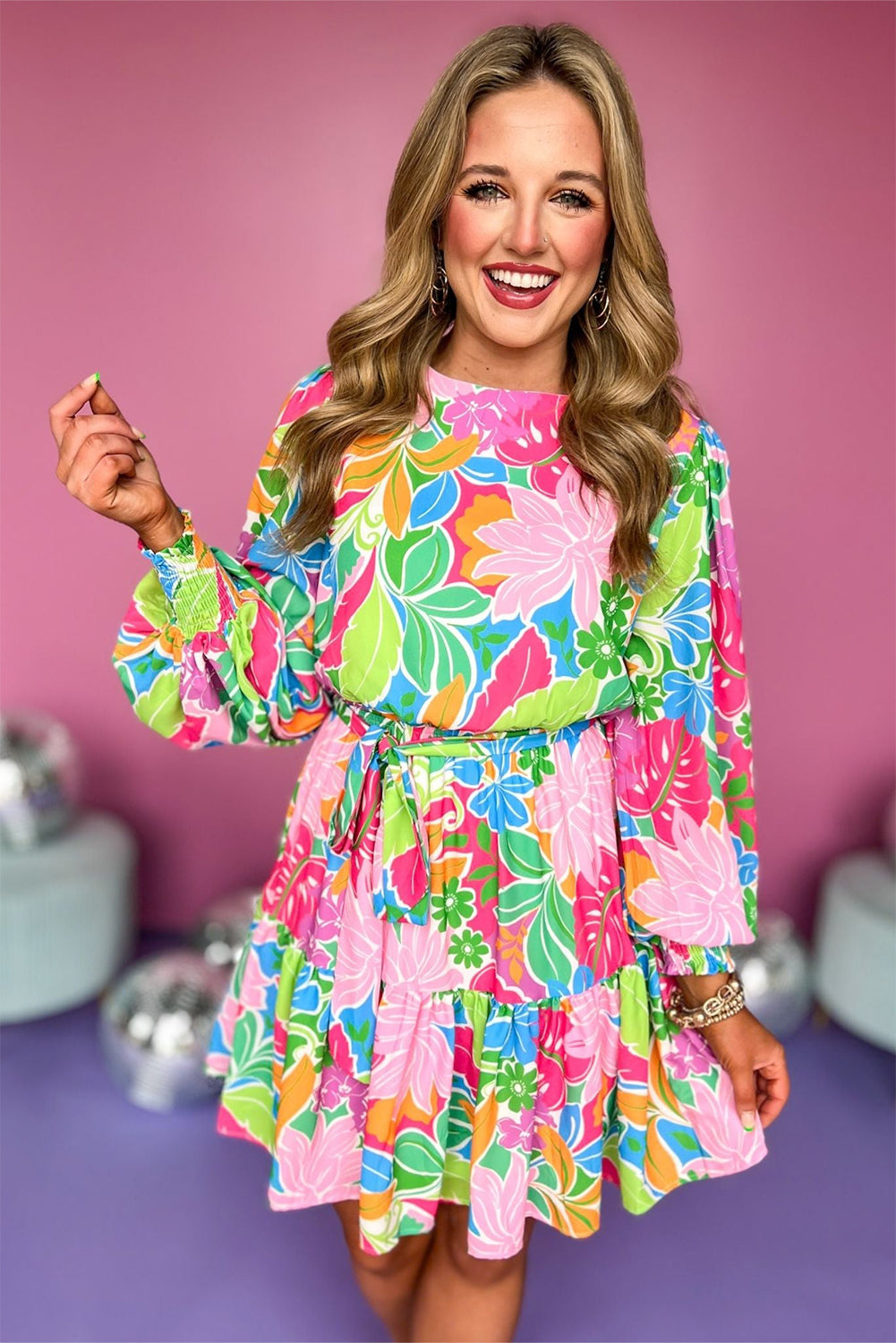 Blue Zone Planet | Green Multicolor Botanical Bubble Sleeve Mini Dress-TOPS / DRESSES-[Adult]-[Female]-2022 Online Blue Zone Planet