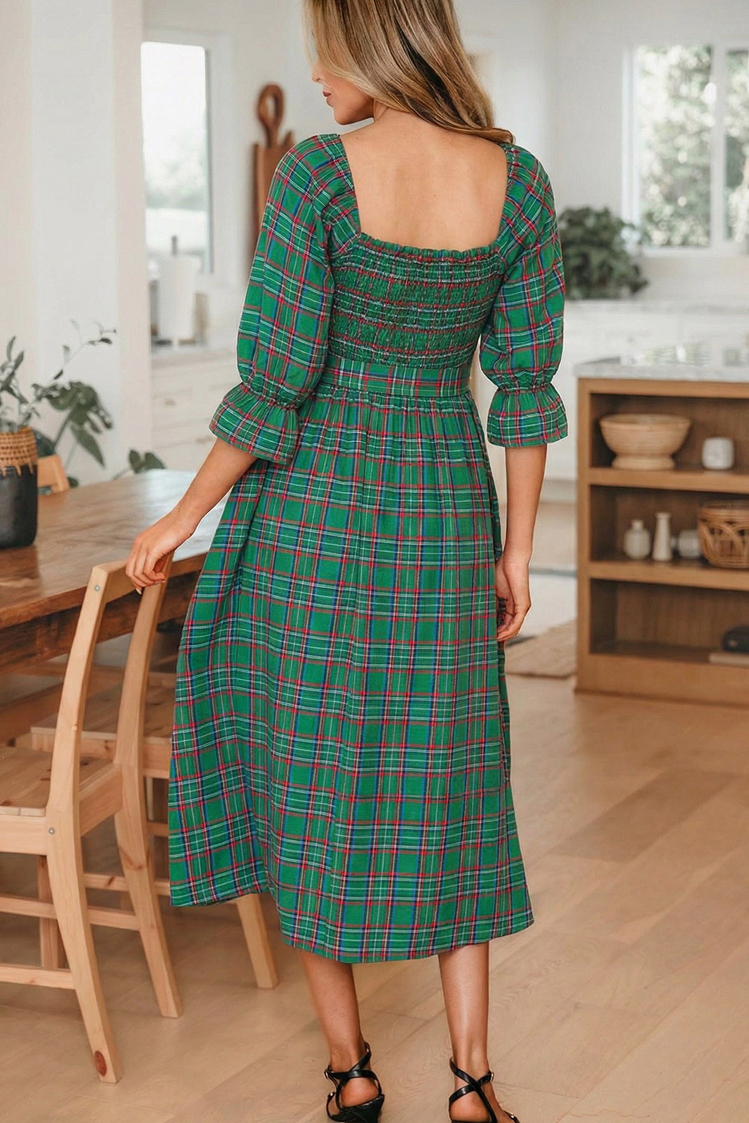 Green Tartan Plaid Square Neck Puff Sleeve Knot Waist Flared Midi Dress-TOPS / DRESSES-[Adult]-[Female]-2022 Online Blue Zone Planet