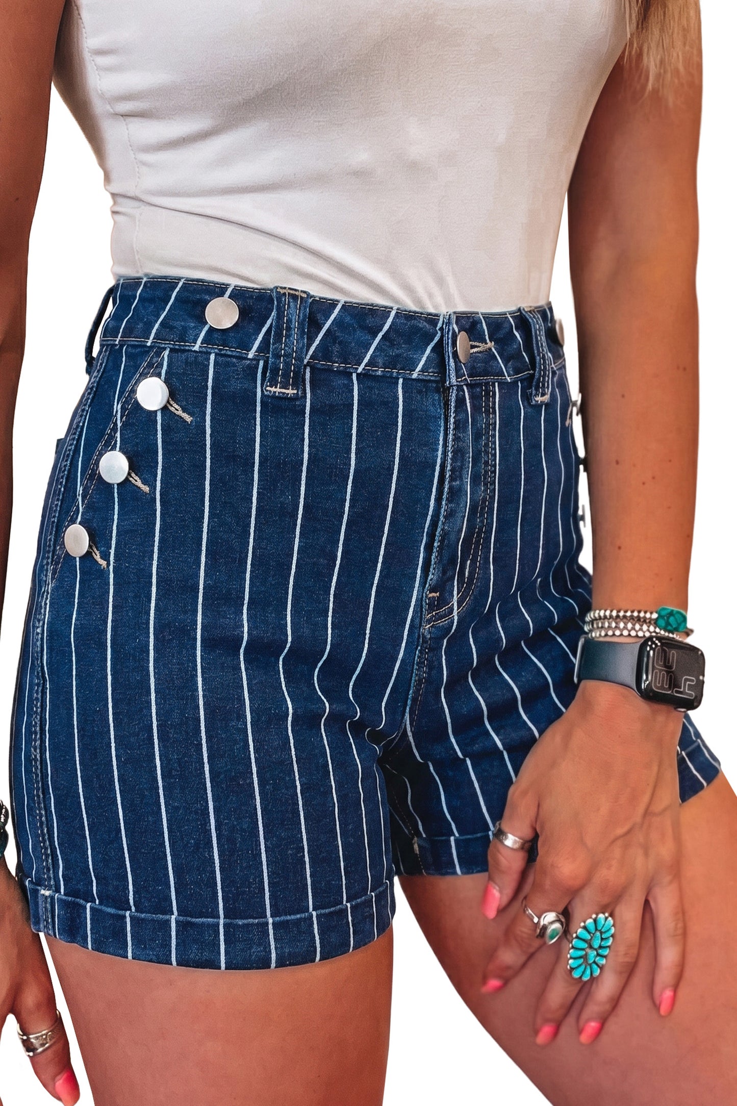 Blue Stripe Metal Button Detail Womens Denim Shorts-Bottoms/Denim Shorts-[Adult]-[Female]-2022 Online Blue Zone Planet