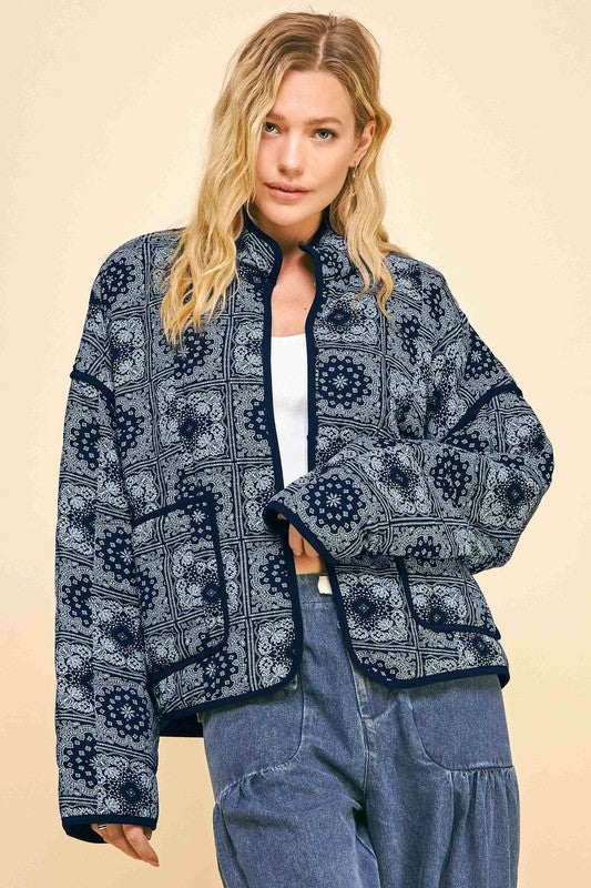 Davi & Dani Vintage Print Open Front Jacket with Pockets-TOPS / DRESSES-[Adult]-[Female]-Black-S-2022 Online Blue Zone Planet