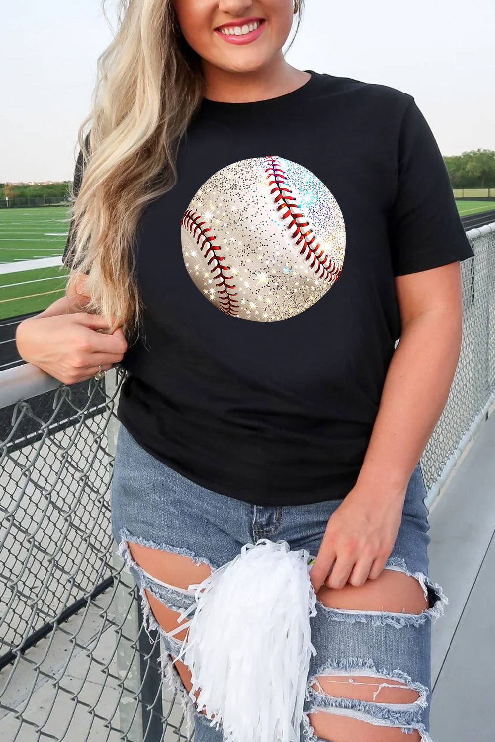 Black Heat Transfer Baseball Print Cotton Blend T Shirt-Graphic/Graphic Tees-[Adult]-[Female]-Black-S-2022 Online Blue Zone Planet