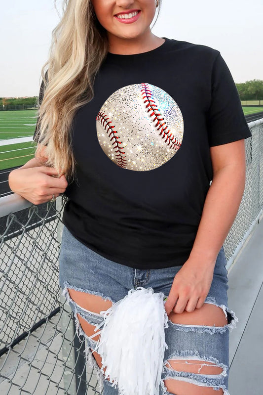 Black Heat Transfer Baseball Print Cotton Blend T Shirt-Graphic/Graphic Tees-[Adult]-[Female]-Black-S-2022 Online Blue Zone Planet