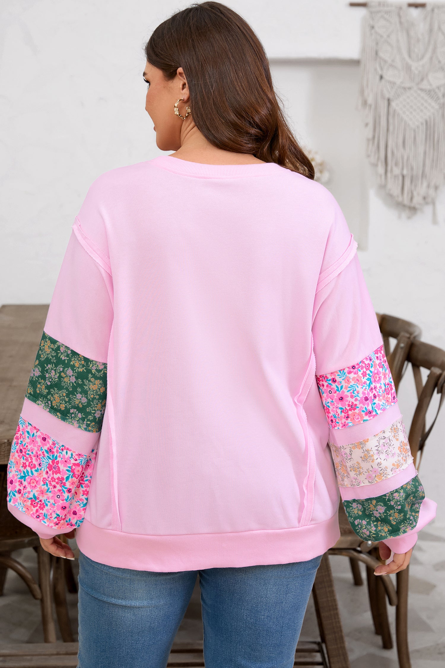 Pink Plus Size Mix Floral Patched Sleeve Ribbed Trim Baggy Sweatshirt-Plus Size/Plus Size Sweatshirts & Hoodies-[Adult]-[Female]-2022 Online Blue Zone Planet