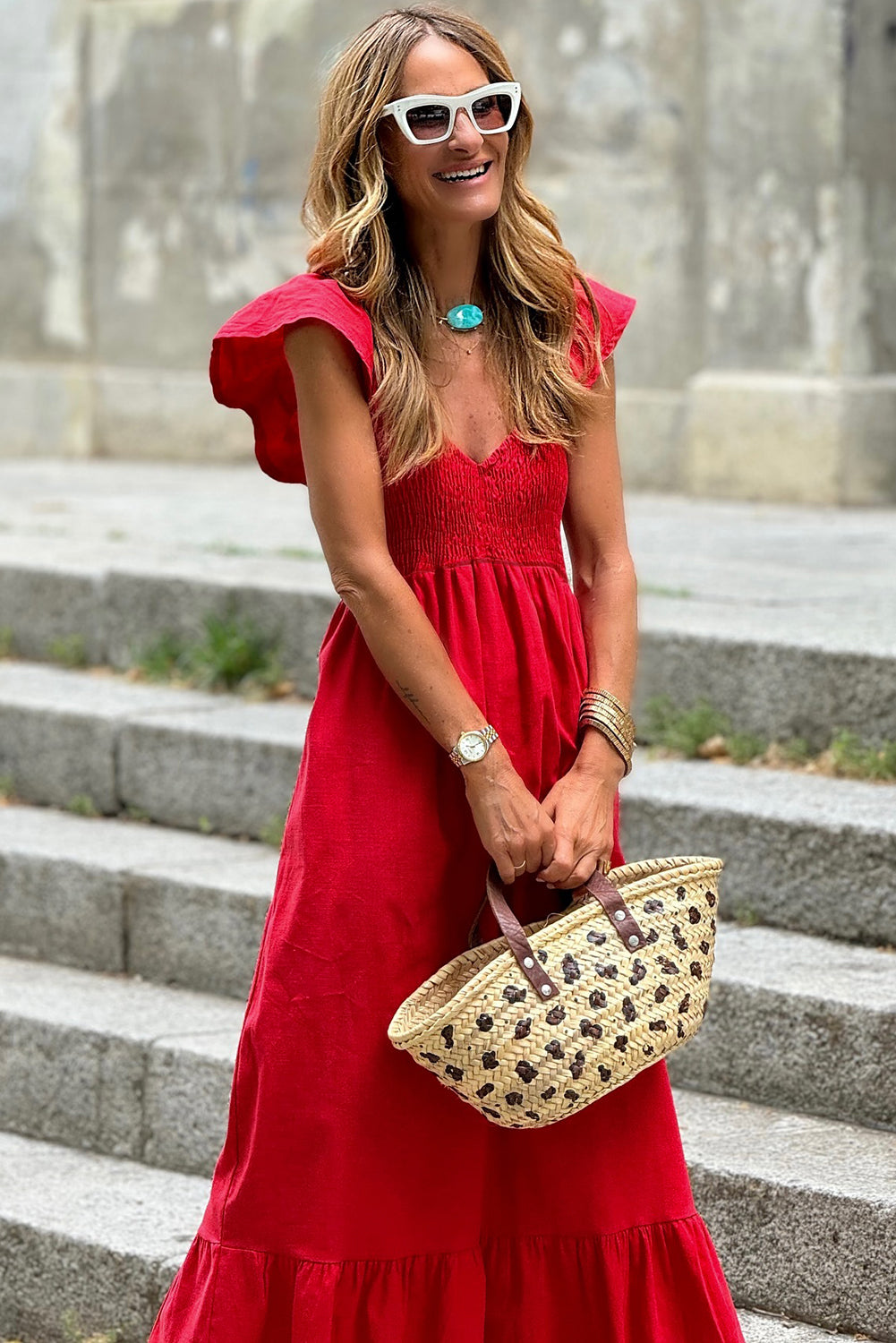 Fiery Red V Neck Flutter Sleeve Smocked Bodice High Waist Ruffle Maxi Dress-TOPS / DRESSES-[Adult]-[Female]-2022 Online Blue Zone Planet
