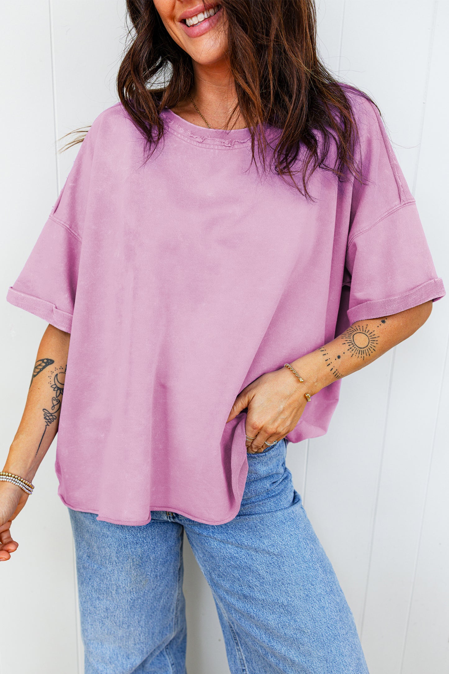 Lavendula Mineral Wash Drop Shoulder Raw Edge Loose Tee