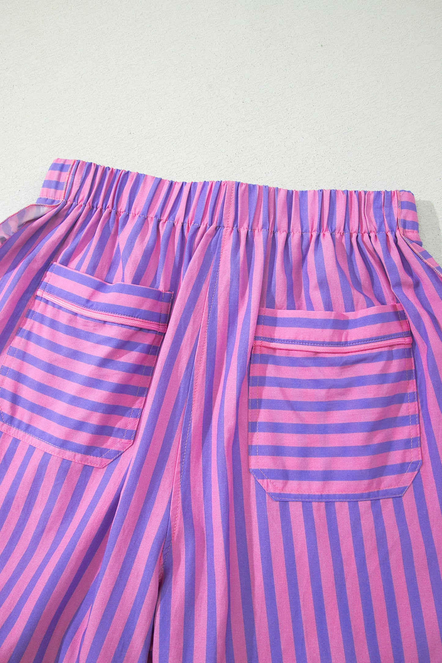 Sky Blue Stripe Elastic Waist Ruffle Trim Casual Shorts-Bottoms/Casual Shorts-[Adult]-[Female]-2022 Online Blue Zone Planet