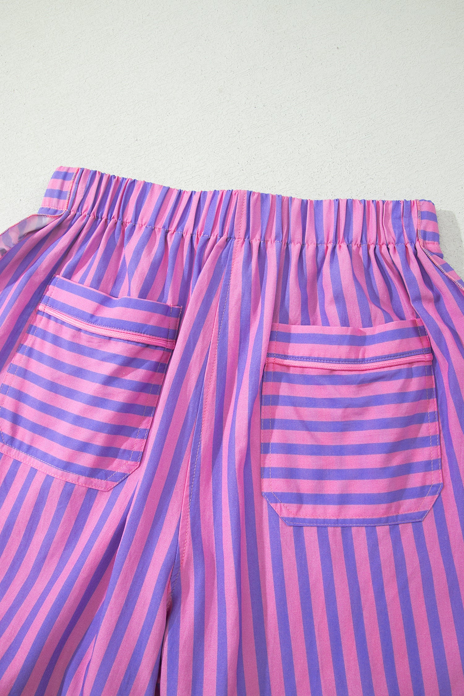 Sky Blue Stripe Elastic Waist Ruffle Trim Casual Shorts-Bottoms/Casual Shorts-[Adult]-[Female]-2022 Online Blue Zone Planet