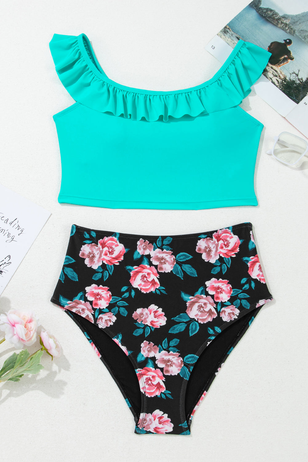 Sea Green Ruffle Square Neck Swim Top and Floral Shorts Bikini Set-Bikini Sets-[Adult]-[Female]-2022 Online Blue Zone Planet