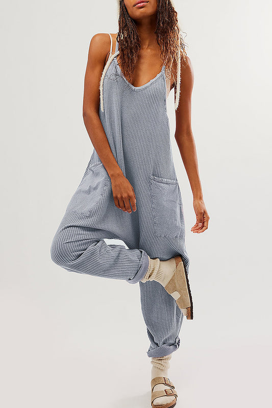 Gray Waffle Knit Spaghetti Straps Loose Fit Jumpsuit-TOPS / DRESSES-[Adult]-[Female]-Gray-S-2022 Online Blue Zone Planet