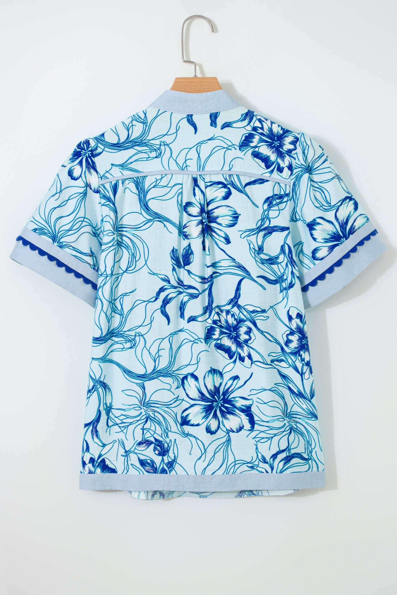 Sky Blue Ricrac Trim Slit V Neck Short Sleeve Floral Blouse-Tops/Blouses & Shirts-[Adult]-[Female]-2022 Online Blue Zone Planet