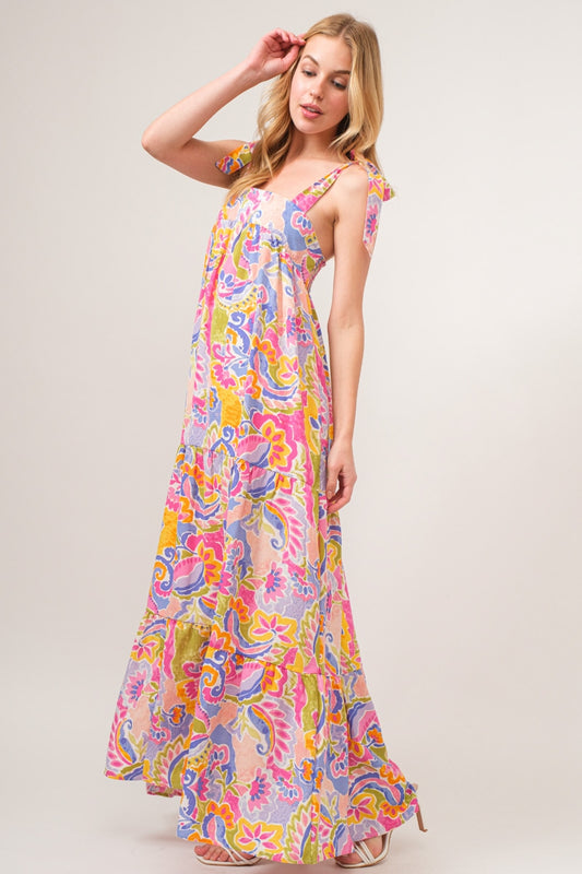 Blue Zone Planet | And The Why Full Size Printed Tie Shoulder Tiered Maxi Dress-TOPS / DRESSES-[Adult]-[Female]-Multicolor-S-2022 Online Blue Zone Planet