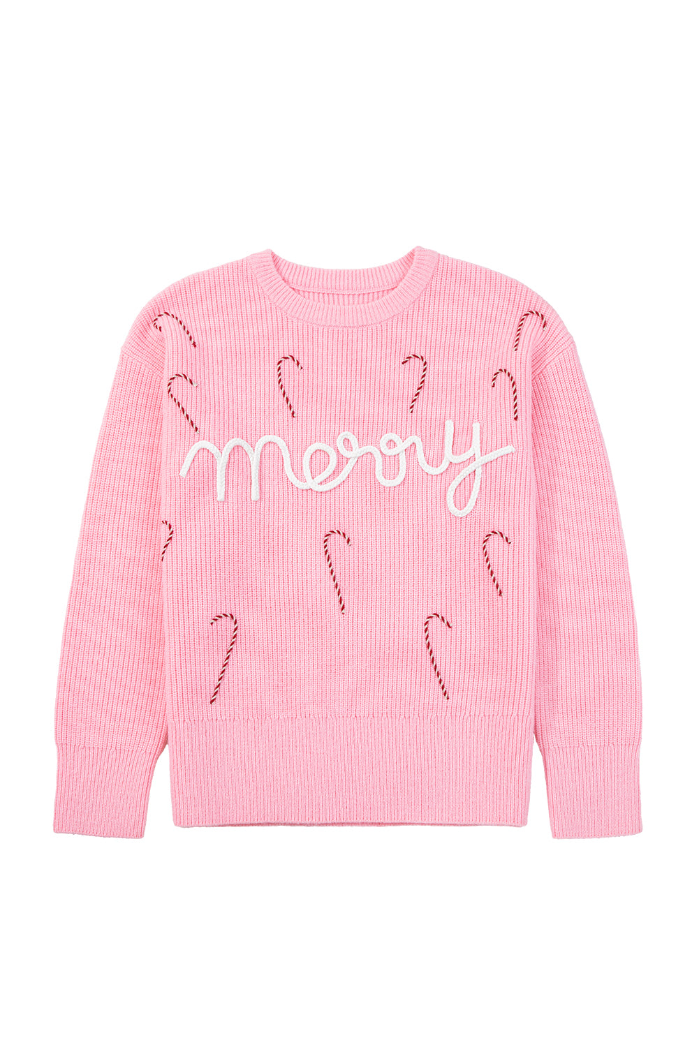 Pink Merry Candy Cane Puffy Knit Crew Neck Sweater-TOPS / DRESSES-[Adult]-[Female]-2022 Online Blue Zone Planet