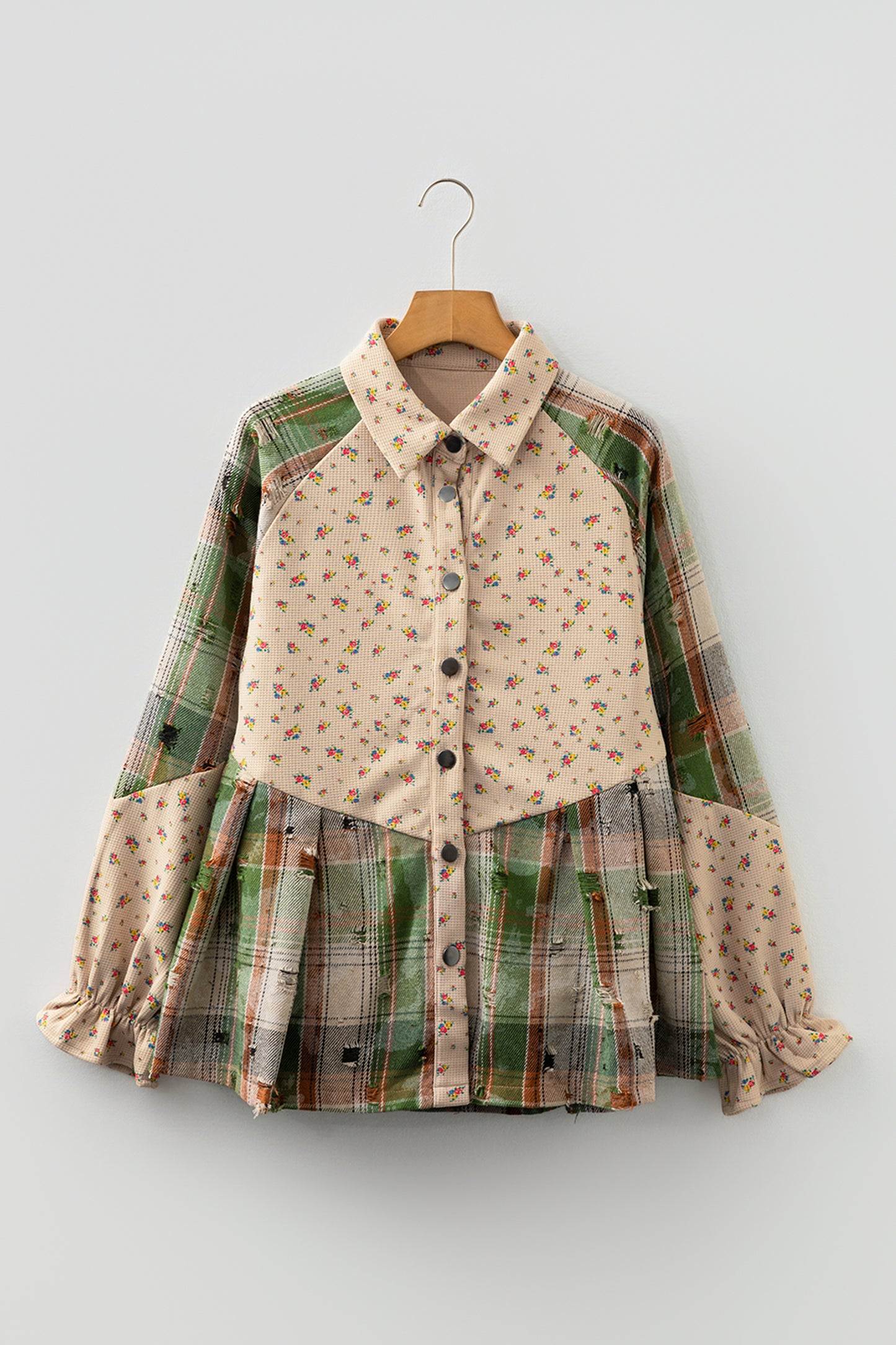 Mist Green Boho Floral Plaid Patchwork Distressed Detail Ruffled Sleeve Waffle Knit Shacket-Outerwear/Plaid Shackets-[Adult]-[Female]-2022 Online Blue Zone Planet