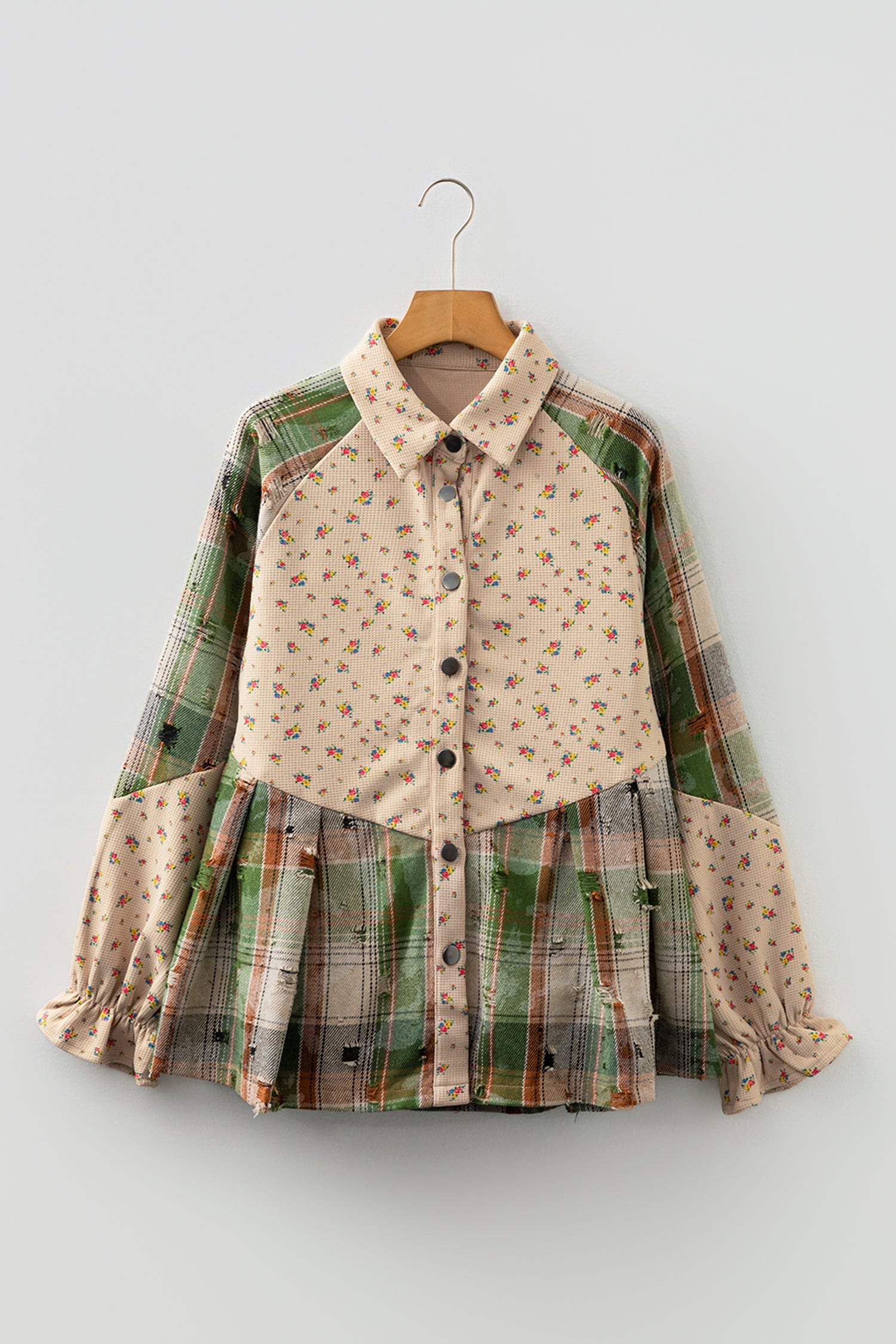 Mist Green Boho Floral Plaid Patchwork Distressed Detail Ruffled Sleeve Waffle Knit Shacket-Outerwear/Plaid Shackets-[Adult]-[Female]-2022 Online Blue Zone Planet