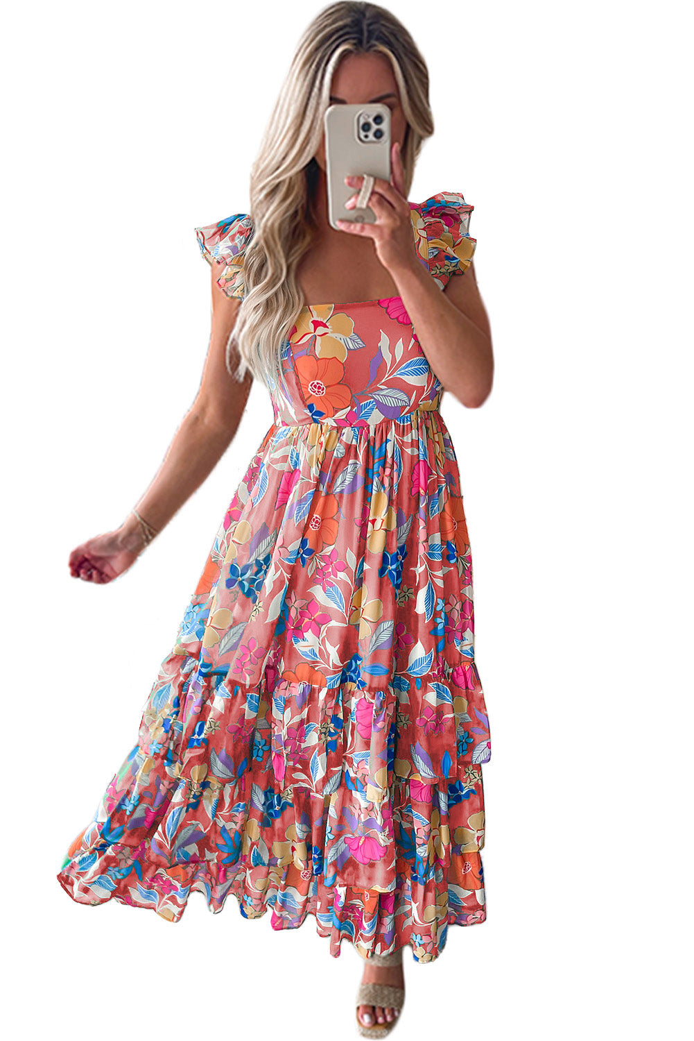 Pink Floral Print Sleeveless Ruffle Tiered Maxi Dress-Maxi Dresses-[Adult]-[Female]-2022 Online Blue Zone Planet