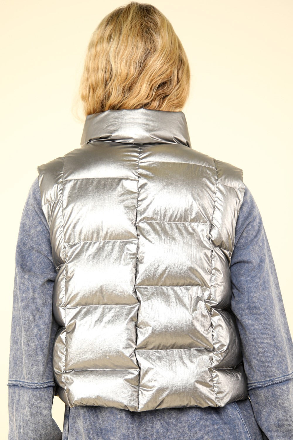 VERY J Shiny Metallic Zip Up Puffer Vest-TOPS / DRESSES-[Adult]-[Female]-2022 Online Blue Zone Planet