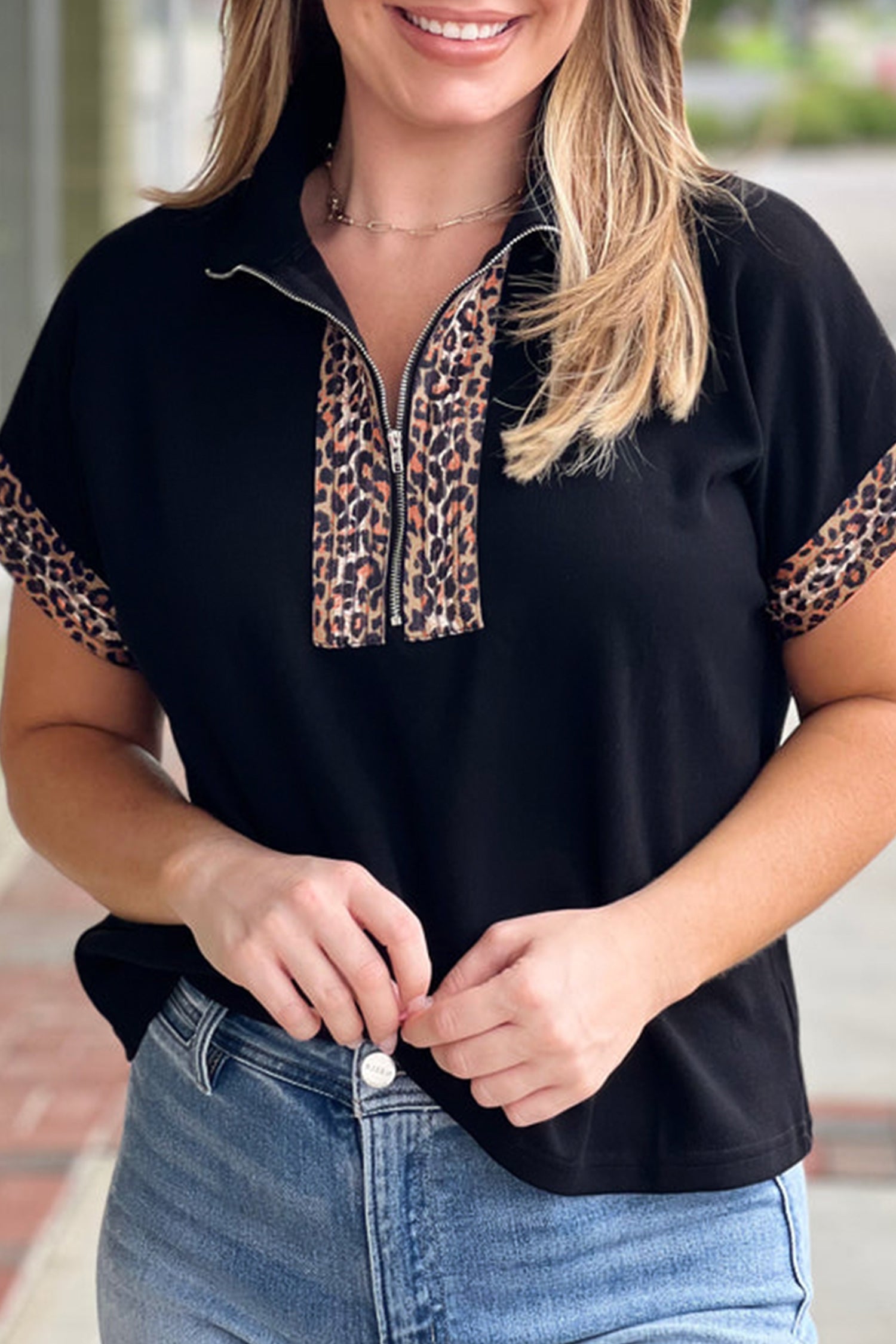 Black Plus Size Leopard Patchwork Half Zip Short Sleeve Top-Plus Size/Plus Size Tops/Plus Size Blouses & Shirts-[Adult]-[Female]-2022 Online Blue Zone Planet