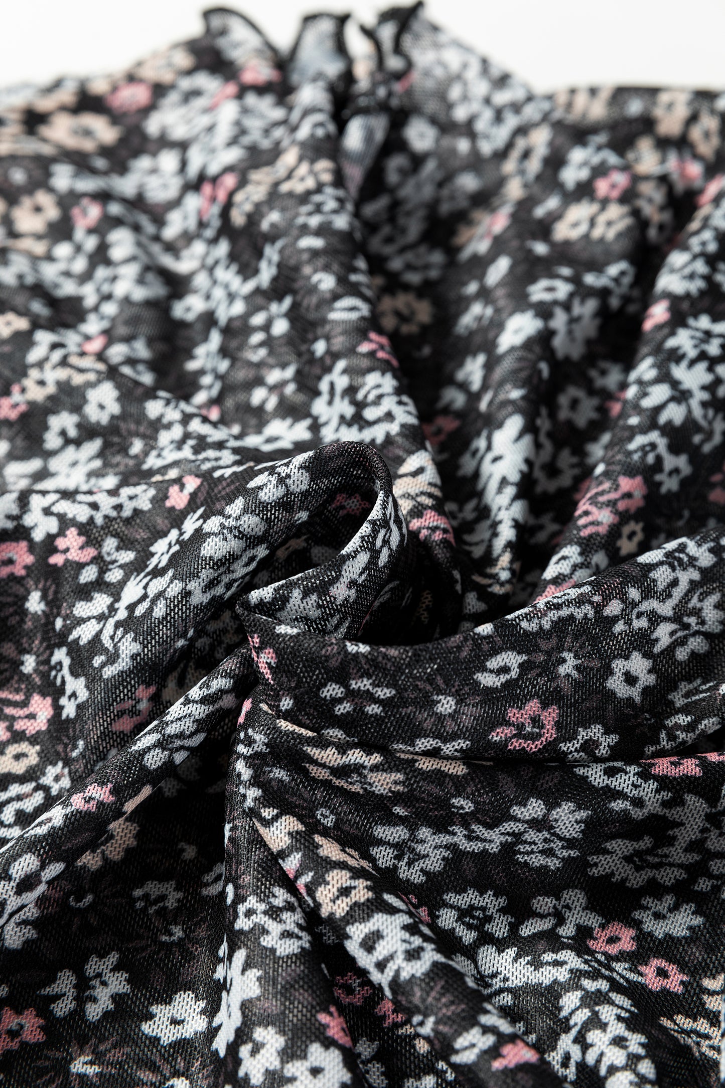 Black Ditsy Floral Mesh Thumbhole Sleeve Slim Fit Top-Tops/Long Sleeve Tops-[Adult]-[Female]-2022 Online Blue Zone Planet