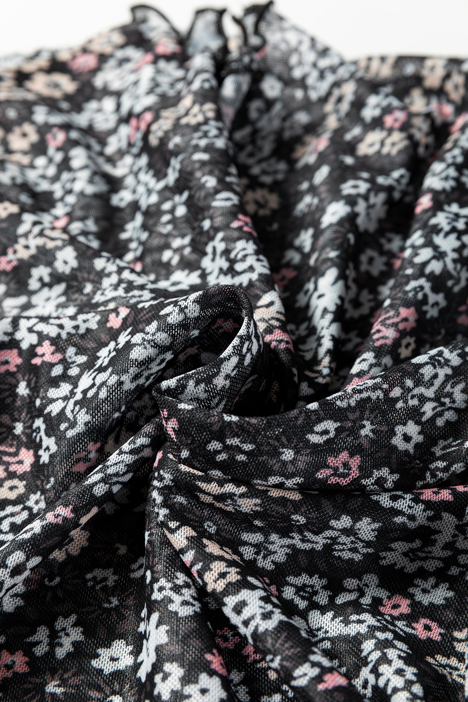 Black Ditsy Floral Mesh Thumbhole Sleeve Slim Fit Top-Tops/Long Sleeve Tops-[Adult]-[Female]-2022 Online Blue Zone Planet