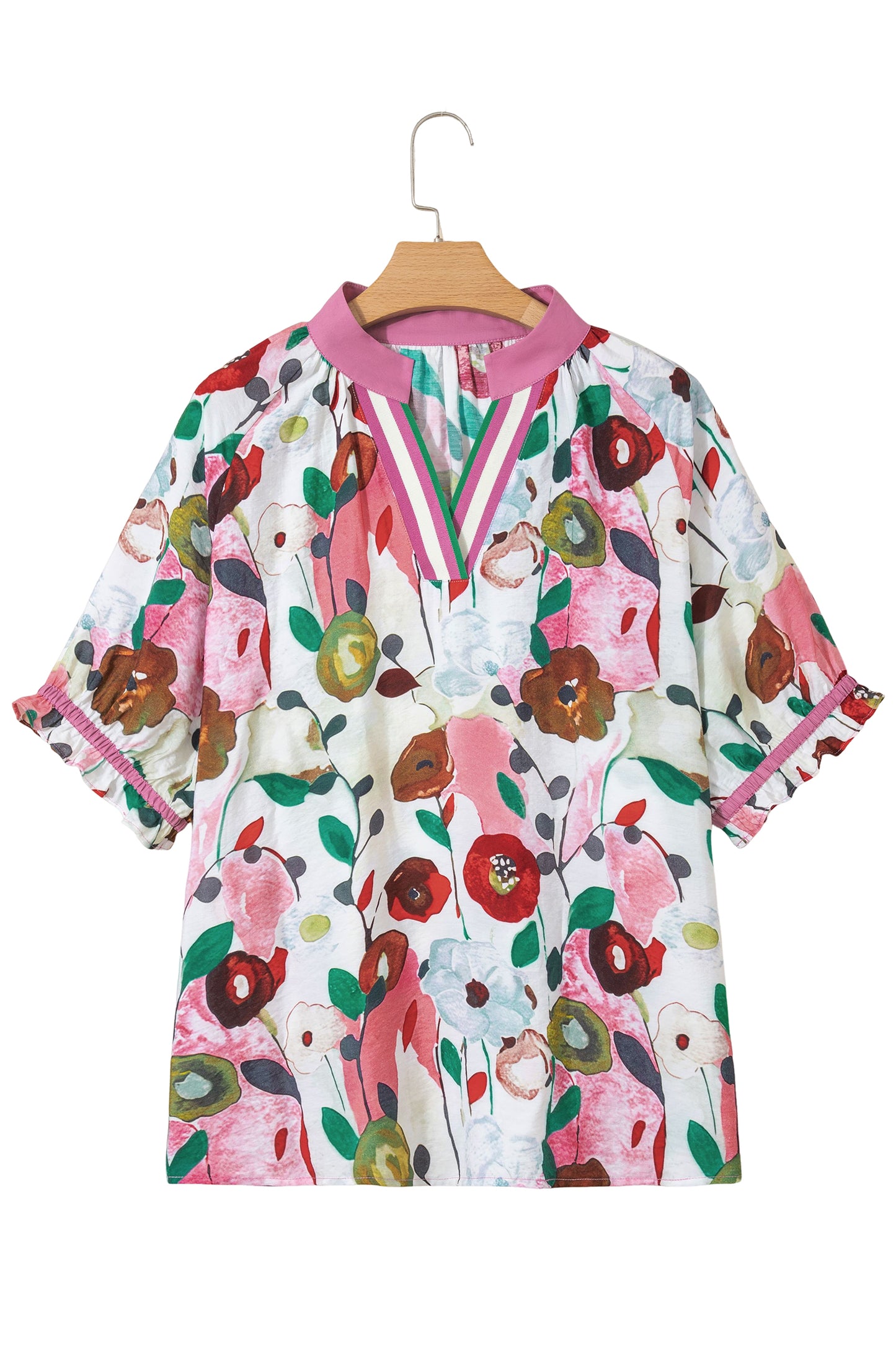 Pink V Neck Short Puff Sleeve Plus Size Floral Blouse-Plus Size/Plus Size Tops/Plus Size Blouses & Shirts-[Adult]-[Female]-2022 Online Blue Zone Planet