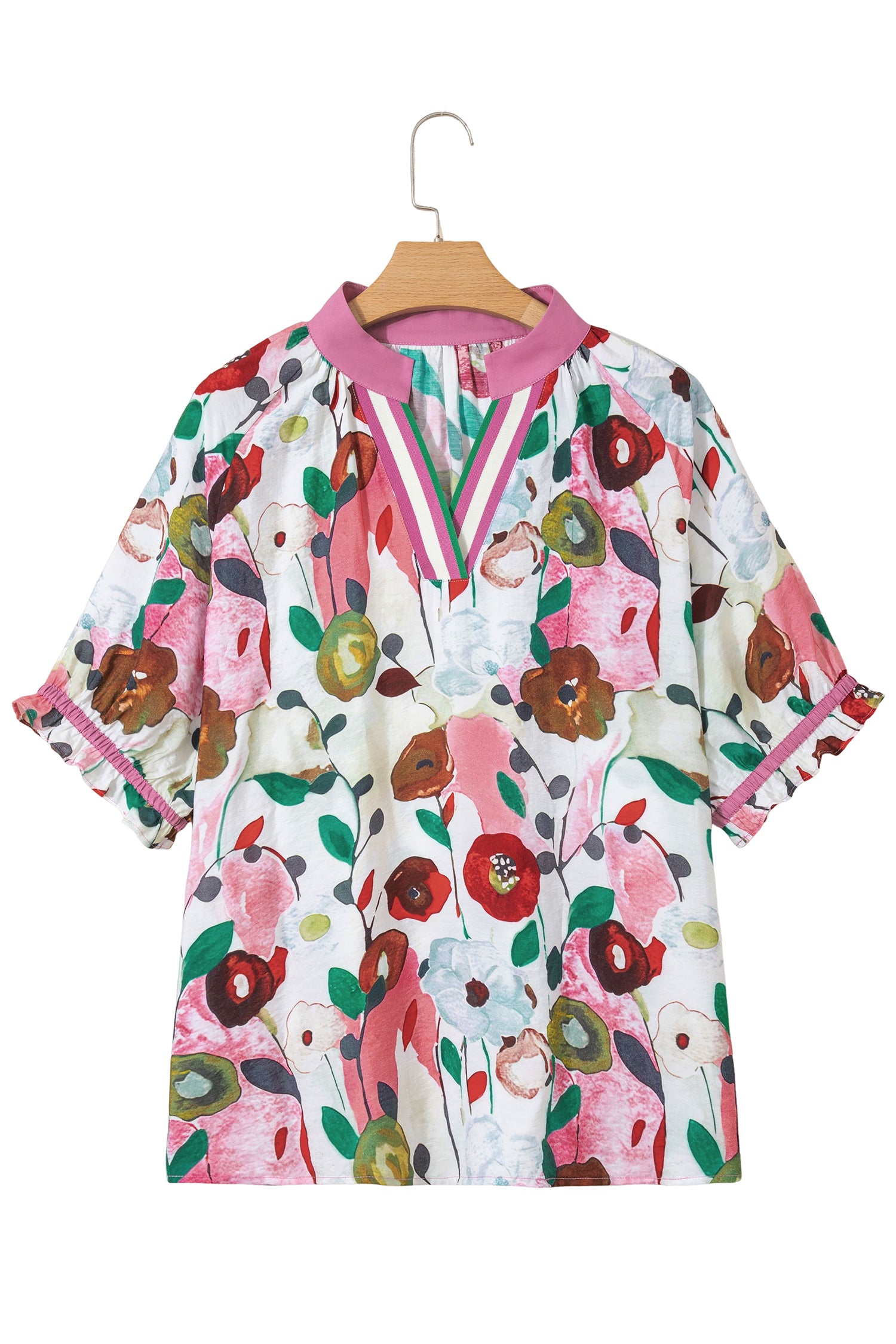 Pink V Neck Short Puff Sleeve Plus Size Floral Blouse-Plus Size/Plus Size Tops/Plus Size Blouses & Shirts-[Adult]-[Female]-2022 Online Blue Zone Planet