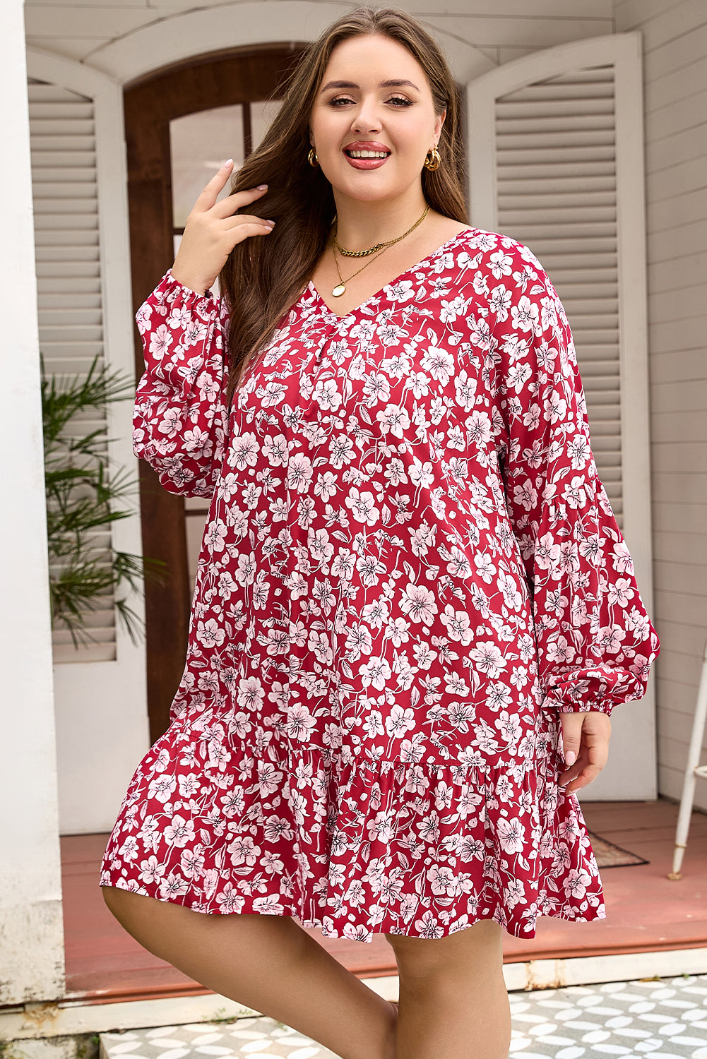Purple Plus Floral Balloon Sleeve V Neck Relaxed Dress-Plus Size/Plus Size Dresses/Plus Size Mini Dresses-[Adult]-[Female]-2022 Online Blue Zone Planet