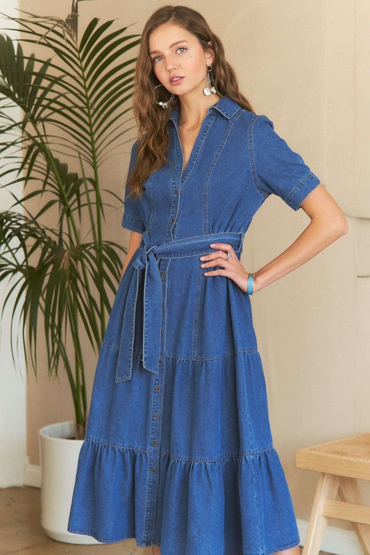 ADORA Tiered Button Down Tie Waist Short Sleeve Denim Dress-TOPS / DRESSES-[Adult]-[Female]-Dark-S-2022 Online Blue Zone Planet