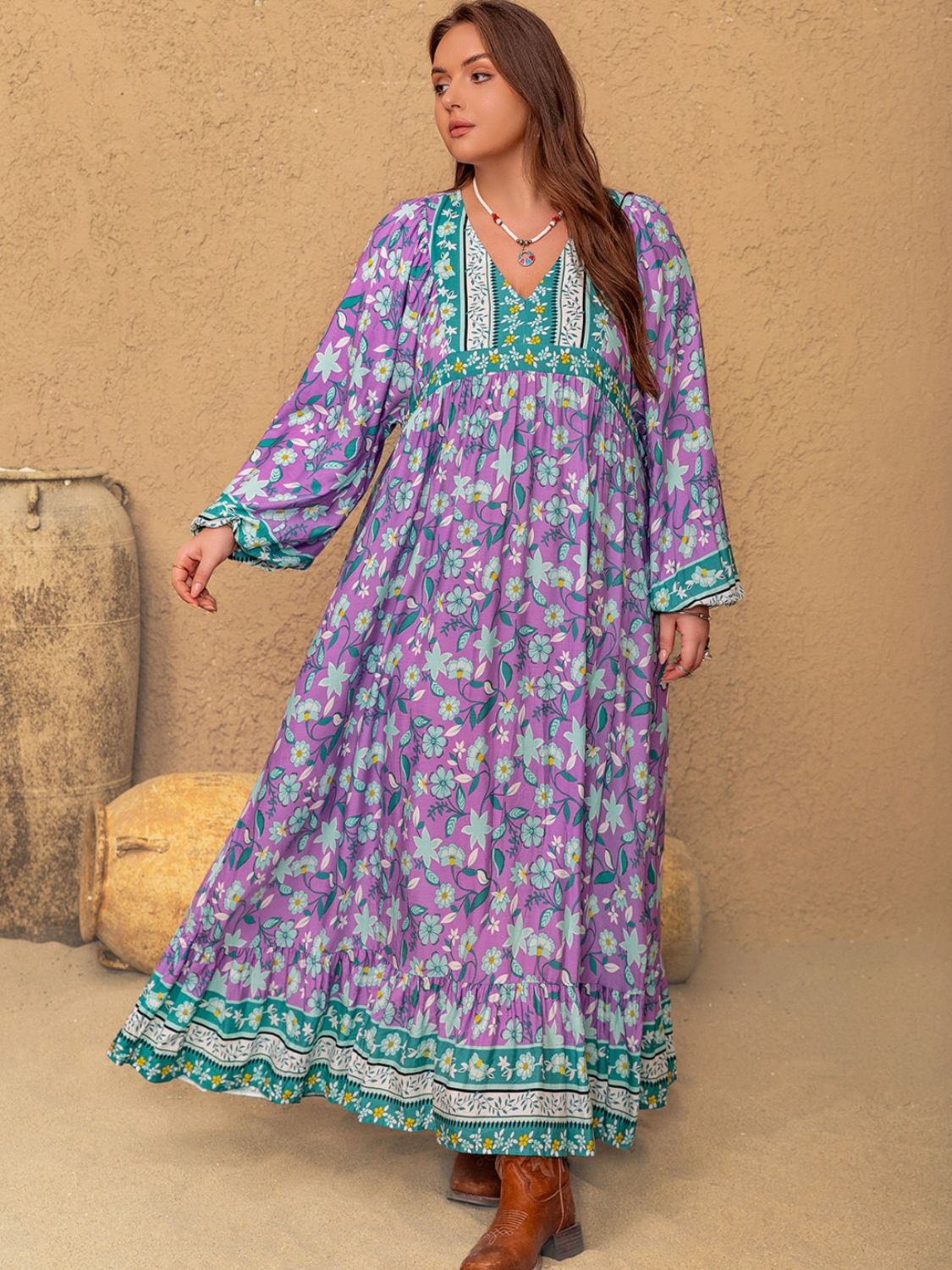 Blue Zone Planet | Plus Size Printed V-Neck Long Sleeve Maxi Dress-TOPS / DRESSES-[Adult]-[Female]-2022 Online Blue Zone Planet