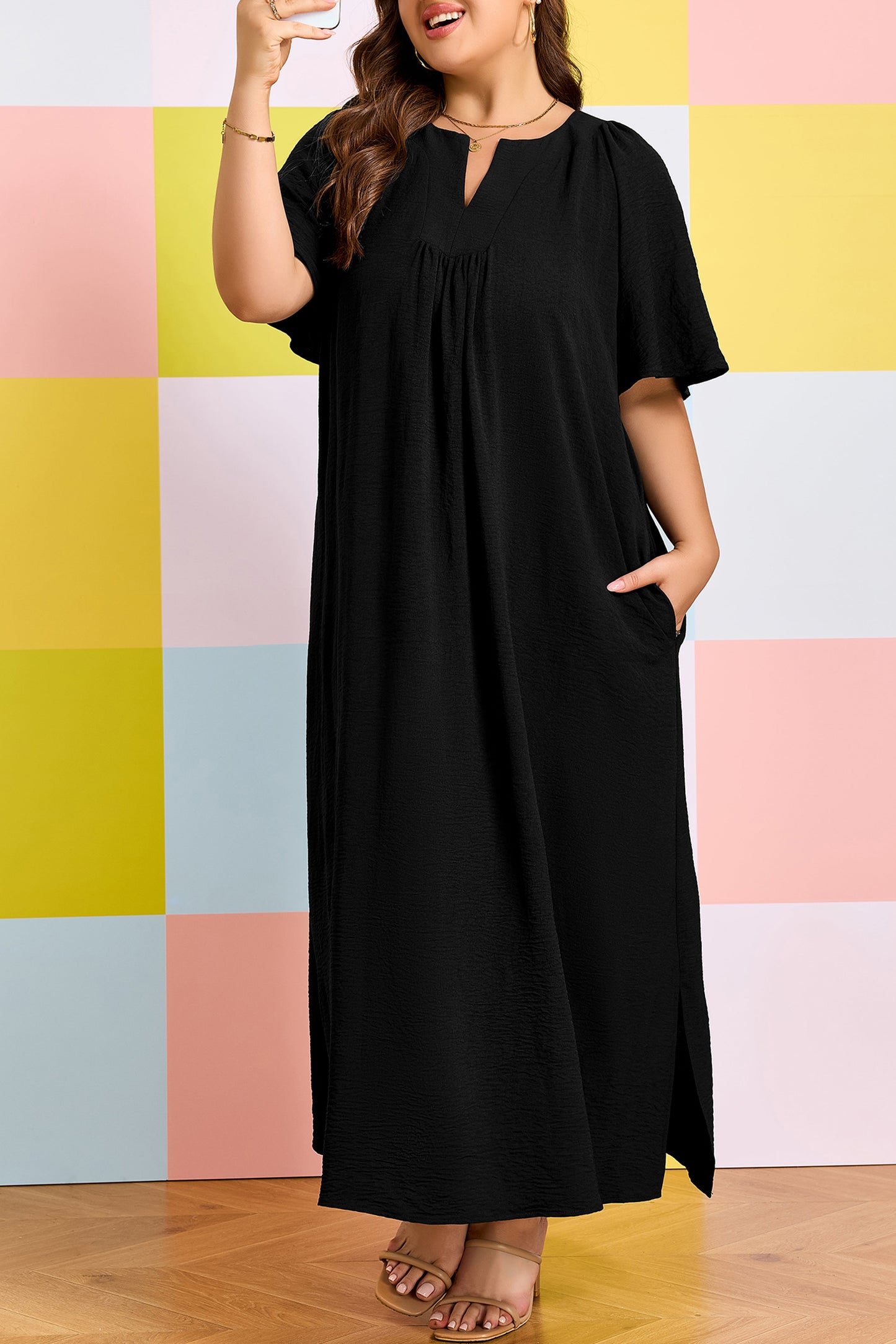 Black Plus Size Solid Color Notched Neck Short Sleeve Loose Dress-TOPS / DRESSES-[Adult]-[Female]-2022 Online Blue Zone Planet