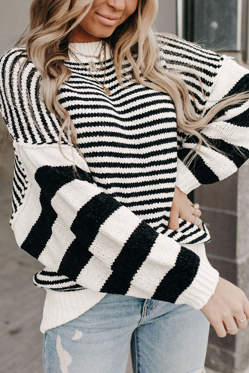 Black white Striped Drop Shoulder Bishop Sleeve Knit Sweater-Sweaters & Cardigans/Sweaters-[Adult]-[Female]-Black white-S-2022 Online Blue Zone Planet